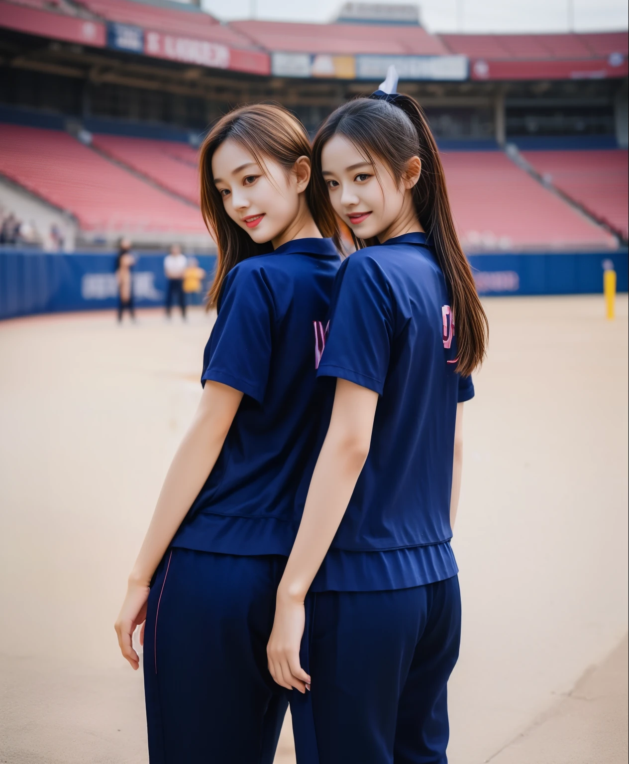 (best quality,10,10,height,Masterpiece:1.2),Special details,(realistic,ภาพrealistic,Realistic photos:1.37),1 cute girl on the football field,shiny, ผิวshiny,only,smile softly,BDclothelue shirt:1.3)),short sleeve,shirt, กางเกงขาlong.,(navy_long_track pants:1.1), ((stadium background:1.3)),Dynamic angle,excited,Face focus,dynamic poses,from behind,focus on ass,Masterpiece, best quality, ultra realistic, hyper-detail, 8K resolution, raw photos, Sharp focus, ((Navy blue shirt:1.1)), short sleeve, เส้นทางlong, perfect body, 2 mature women, 18 years old, Cinema-grade lighting system,blue sweatpants,shirtผ้าออกกำลังกาย,correct anatomy,perfect body, correct body, Sharp face, correct bodyทางกายวิภาค, full body, realistic gestures, long-haired, realistic poses,Wear long shorts................................,ช่วงขาlong,Good shape,carved girl, Slender figure, model, Good shape, beautiful body,blue sweatpants, two girls kissing
