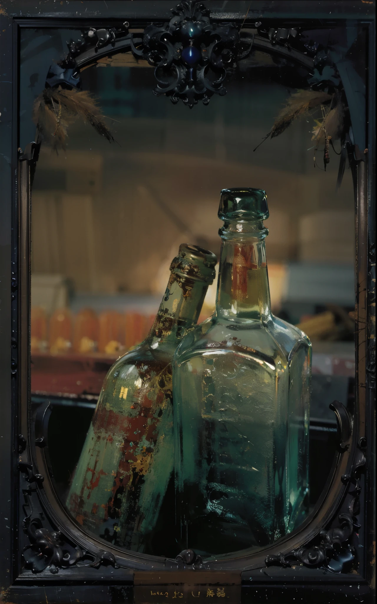 best quality，masterpiece，（painting：1.5），picture frame中玻璃瓶，remaining blood stains，a little bit of blood，blood stained glass bottle，picture frame（Amy Sole：0.248），（Stanley Ategg Liu：0.106），（a detailed painting：0.353），（文艺复兴古典painting风格：0.8）