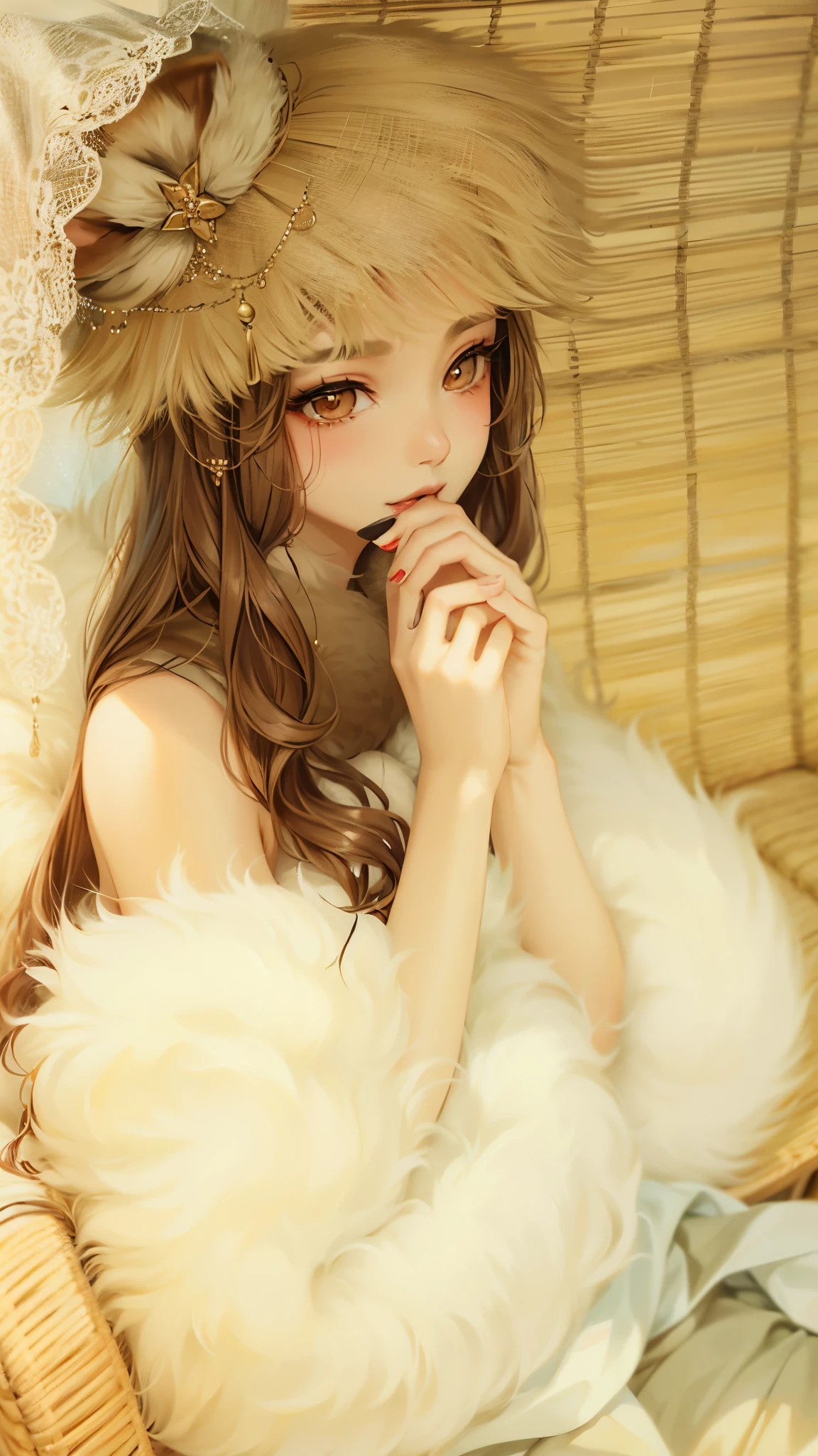Alafid woman in fur hat sitting on chair, Beautiful young Korean woman, Beautiful young Korean woman, white fur, beautiful korean woman, With white fluffy fur, a beautiful fox woman, fluffy furry, beautiful fox lady, cute and beautiful, beautiful and cute, light brown fur, a lovely young woman, girl cute and delicate face