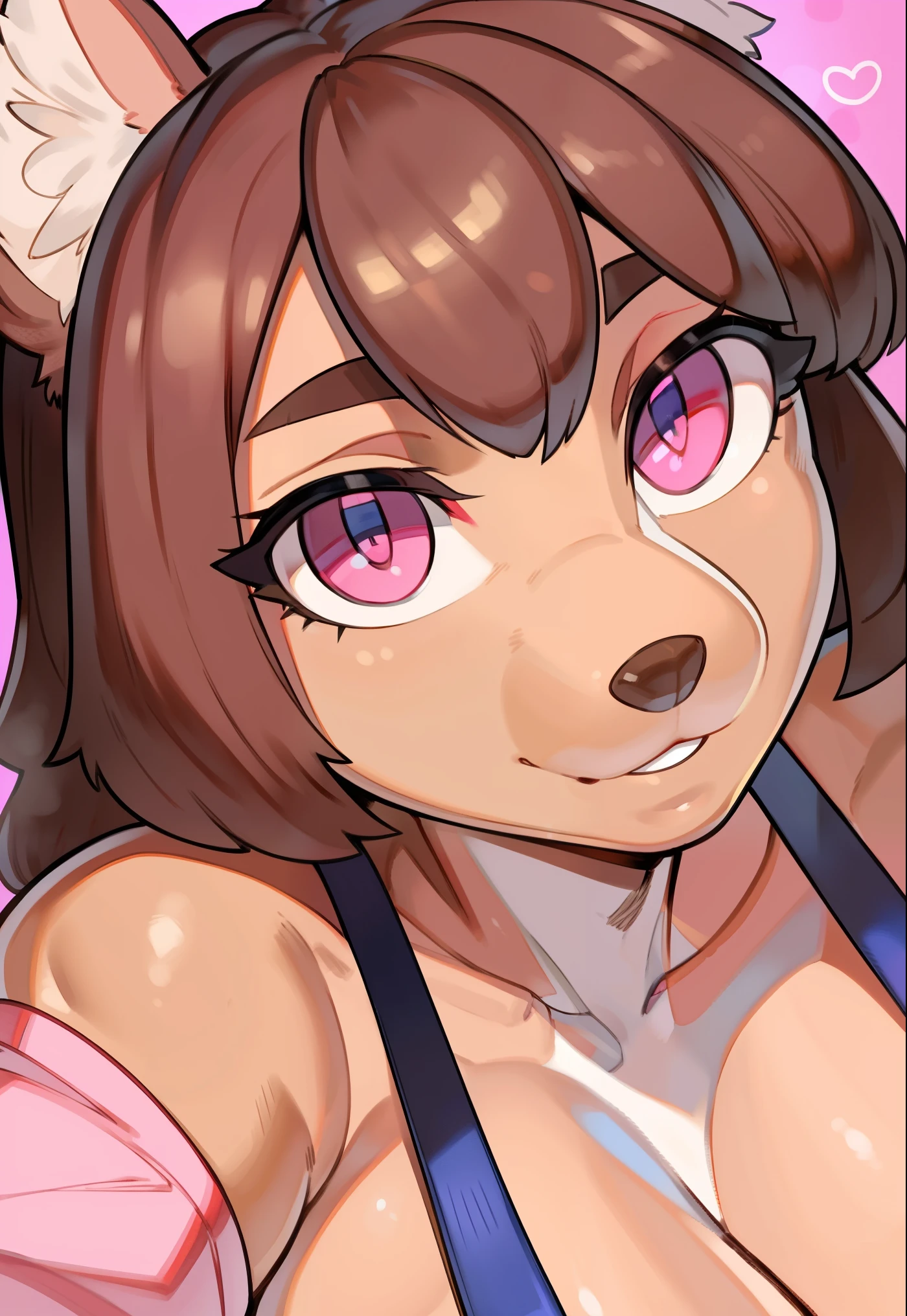 by by buta99, by chelodoy, by spikedmauler, by cervina7, solo, female, standing, looking at viewer, ((hair, snout)), smiling, lips, eyelashes, eyeliner, big breasts, cleavage, , light brown fur, pink eyes, sexy, light brown hair, long light brown hair, skinny, canine, domestic dog, just showing face, close up of face, face in camara, face at viewer, kawaii, pink, kawaii, big eyes, big eyelashes, vibrant pink eyes