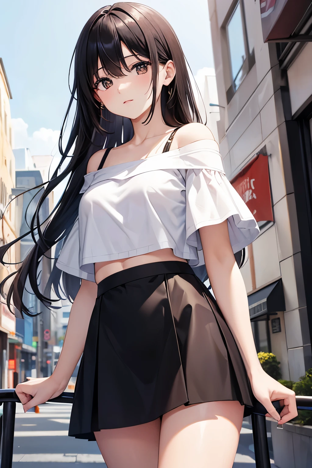 best quality, highres,1 woman,Slender、small face、brown eyes、tall、In town、black hair BREAK、long hair、(white short sleeve t-shirt:1.4 BREAK)、(black skirt:1.2)、(beautiful woman:1.5)、25 years old、Mature、midriff peek,(off-the-shoulder:1.3)
