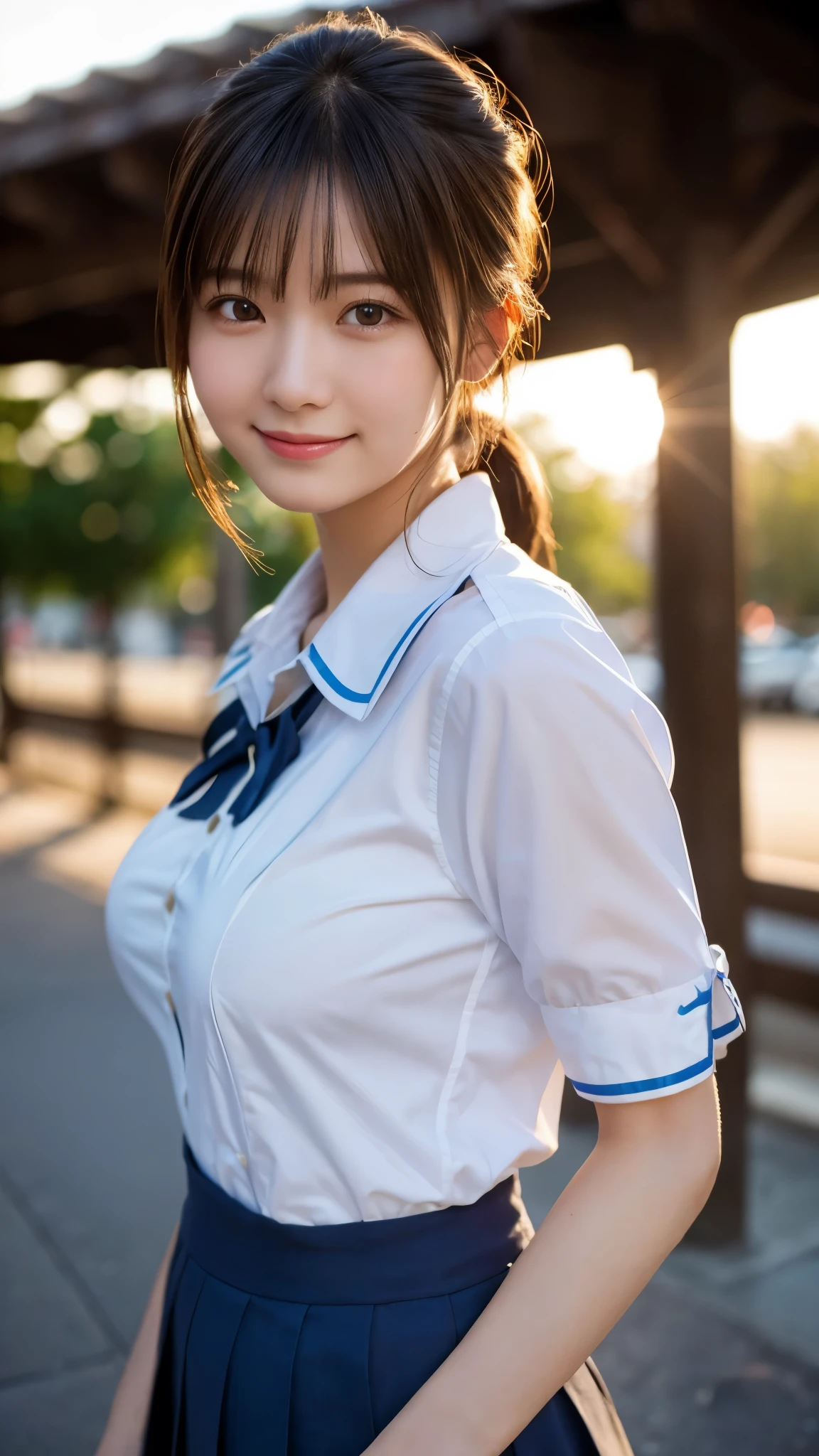 (highest quality,masterpiece:1.3,ultra high resolution),(Super detailed,caustics,8k),(photorealistic:1.4,RAW shooting),1 girl,(smile and look down at the camera),(front shot:1.1),(face forward),18-year-old,cute,Japanese,black short ponytail,school uniform,glamorous,(big boobs),( close up),(breast focus),street,sunshine,Natural light,(Backlight),(A bright light shines from behind),(Lens flare),professional writing,(cowboy shot),(low position:1.2),(Low - Angle:1.2)