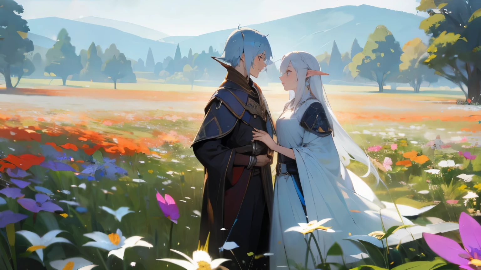 A field of flowers. A blue-haired human hero uses a sword and puts a ring on a white-haired female elf mage.