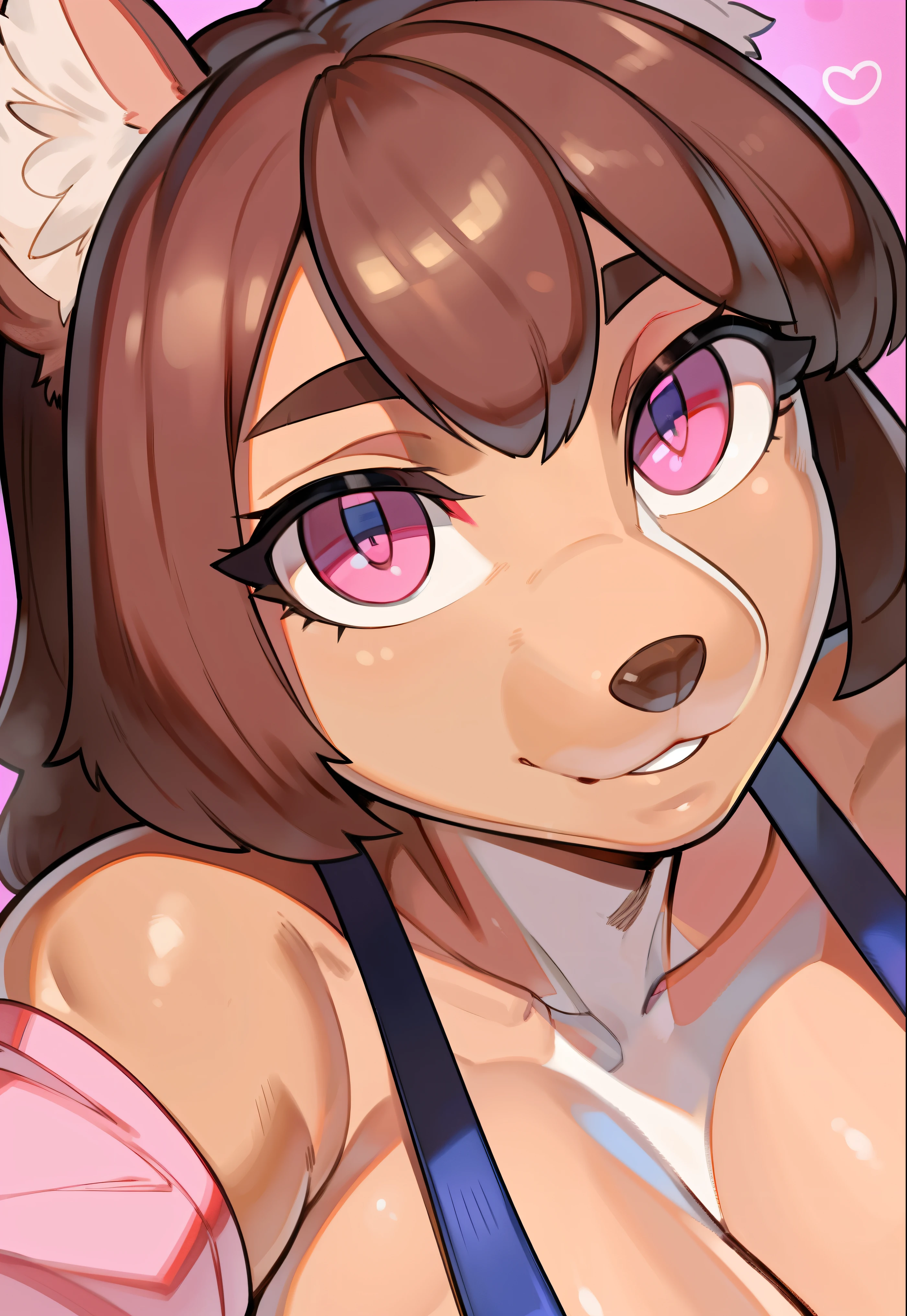 by by buta99, by chelodoy, by spikedmauler, by cervina7, solo, female, standing, looking at viewer, ((hair, snout)), smiling, lips, eyelashes, eyeliner, big breasts, cleavage, , light brown fur, pink eyes, sexy, light brown hair, long light brown hair, skinny, canine, domestic dog, just showing face, close up of face, face in camara, face at viewer, kawaii, pink, kawaii, big eyes, big eyelashes, vibrant pink eyes