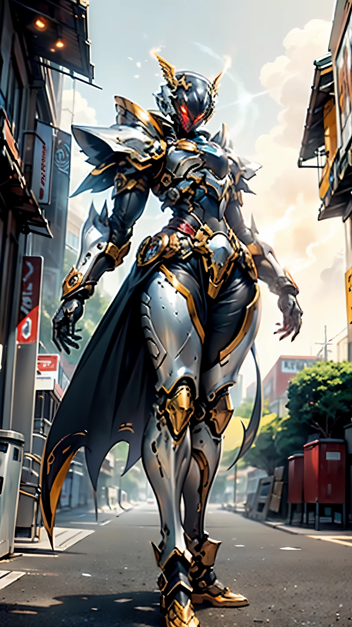 A woman adorned in fantasy-style full-body armor, a crown-concept fully enclosed helmet that unveils only her eyes, a composite layered chest plate, fully encompassing shoulder and hand guards, a lightweight waist armor, form-fitting shin guards, the overall design is heavy-duty yet flexible, ((the armor gleams with a golden glow, complemented by red and blue accents)), exhibiting a noble aura, she floats above a fantasy-surreal high-tech city, this character embodies a finely crafted fantasy-surreal style armored hero in anime style, exquisite and mature manga art style, (Queen bee mixed with Spider concept Armor, plasma, blood), ((Element, energy, elegant, goddess, femminine:1.5)), metallic, high definition, best quality, highres, ultra-detailed, ultra-fine painting, extremely delicate, professional, anatomically correct, symmetrical face, extremely detailed eyes and face, high quality eyes, creativity, RAW photo, UHD, 32k, Natural light, cinematic lighting, masterpiece-anatomy-perfect, masterpiece:1.5