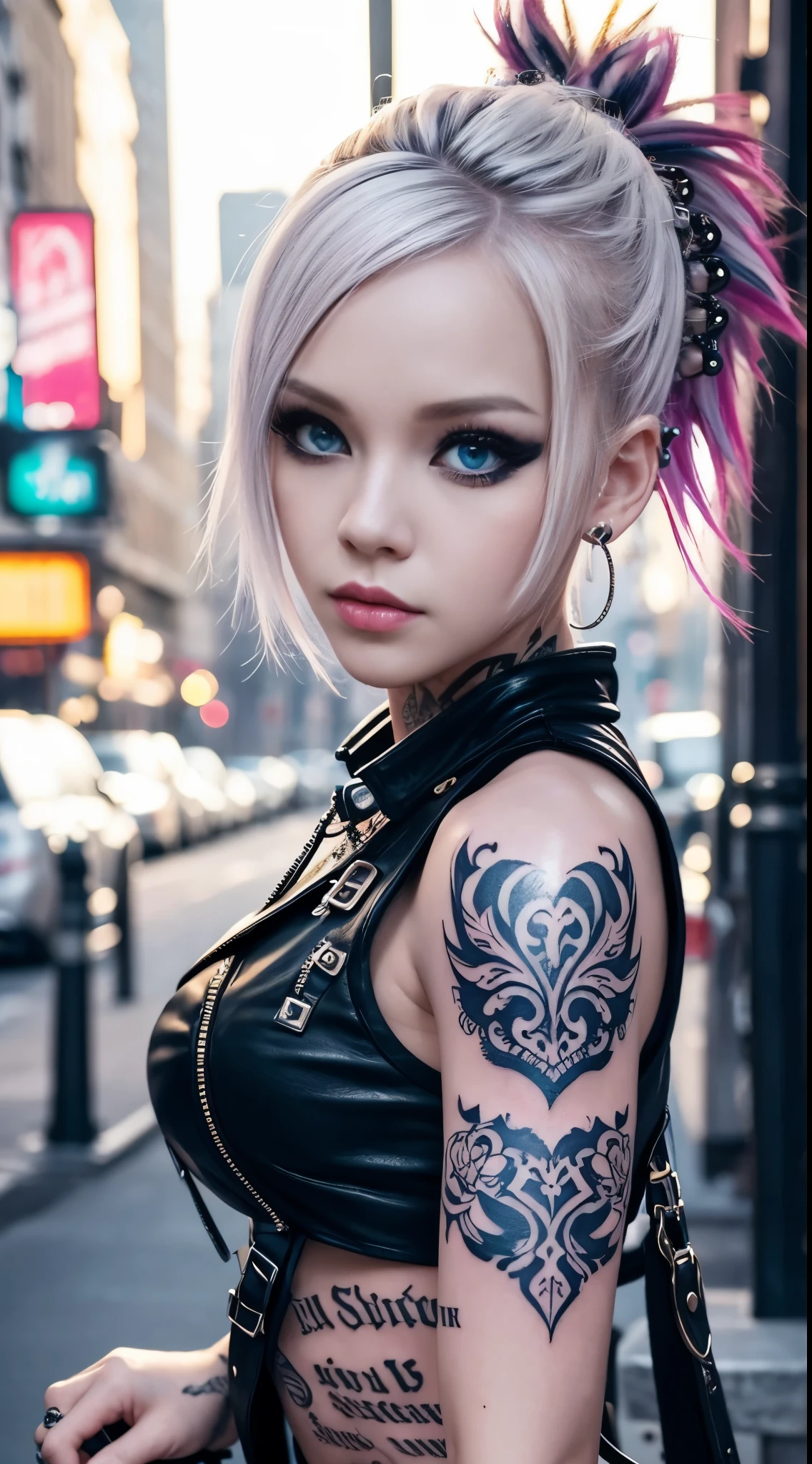 Tips for the first topic are as follows： quality, 8K, 32K, On a table:1.3), ultra - detailed, (realistically:1.4), white colors, albinism, punk girl, detailed eyes, Upper part of the body, Luxurious Punk Hairstyle, Avant-garde punk fashion, Avant-garde makeup, numerous piercings, There are a lot of tattoos, streets background, backlight effect, shallowdepthoffield, vague background"