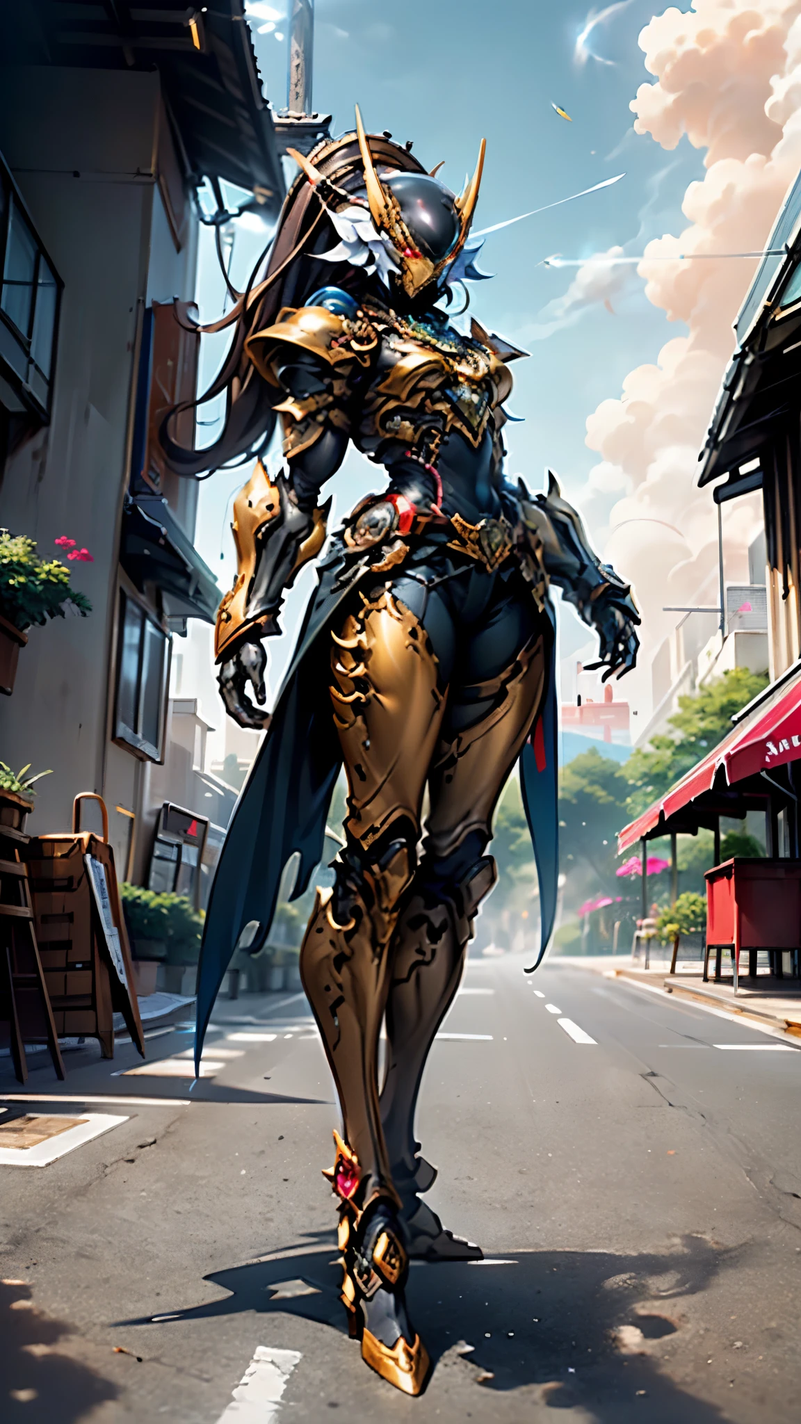 A woman adorned in fantasy-style full-body armor, a crown-concept fully enclosed helmet that unveils only her eyes, a composite layered chest plate, fully encompassing shoulder and hand guards, a lightweight waist armor, form-fitting shin guards, the overall design is heavy-duty yet flexible, ((the armor gleams with a golden glow, complemented by red and blue accents)), exhibiting a noble aura, she floats above a fantasy-surreal high-tech city, this character embodies a finely crafted fantasy-surreal style armored hero in anime style, exquisite and mature manga art style, (Queen bee mixed with Spider concept Armor, plasma, blood), ((Element, energy, elegant, goddess, femminine:1.5)), metallic, high definition, best quality, highres, ultra-detailed, ultra-fine painting, extremely delicate, professional, anatomically correct, symmetrical face, extremely detailed eyes and face, high quality eyes, creativity, RAW photo, UHD, 32k, Natural light, cinematic lighting, masterpiece-anatomy-perfect, masterpiece:1.5