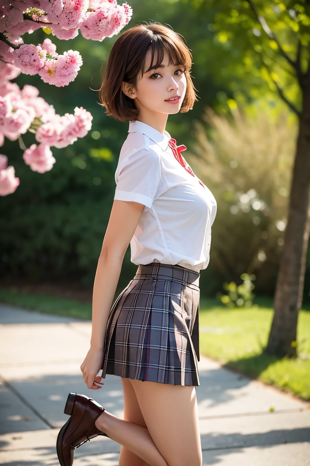 NSFW, 8K RAW写真, highest quality, masterpiece, ultra high resolution, film grain, movie, 1 girl, looking at the viewer, natural skin texture, Realistic eye and face details, full lips, lipstick, (compensate), red eyeshadow, fluffy short hair, messy hair, smile, close your mouth, beautiful feet, tall woman, skinny, slim_feet, alone, huge breasts, cleavage, Pose with your butt facing yourself, super short skirt, teeth, shirt, beautiful natural location, around flowers location, (detailed background), plaid skirt, white shirt, huge breasts, cleavage, Show a little cleavage through the shirt, loafers, blurry background, blurry, holding, plaid, short sleeve, JK ribbon on the neck, JK ribbon, brown hair, bracelet, water, bangs, school uniform, jewelry, parted lips, lips, From the side, pleated skirt, Depth of the bounds written