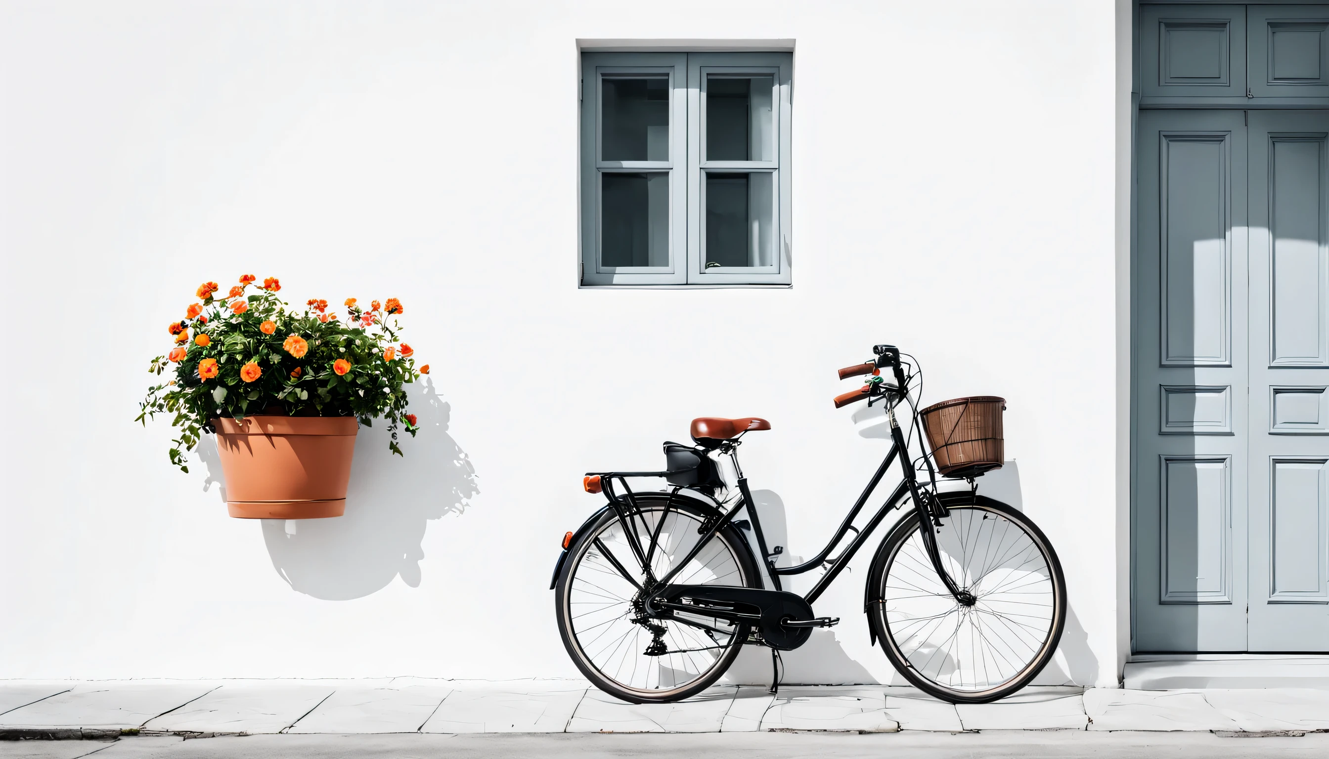 a bicycle parked in front of a clean white wall and a flower pot,