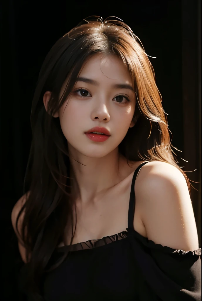 best quality,masterpiece,ultra high resolution,(realism:1.4),original photo,1 girl,take off shoulders,in the dark night,deep shadow,low pitch,cold light,Long hair,face highlight,pure,Full of girly feeling,18 years old,细肩带underwear,underwear,silk texture,Chinese girl