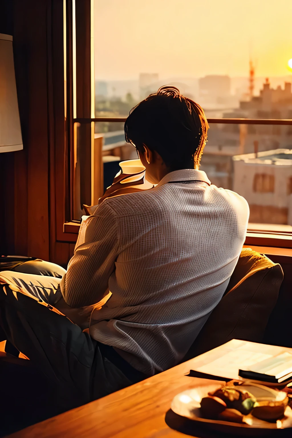 With a sepia color image、35 year old Japanese man in a stylish room、Please draw a scene where you are sitting on a chair., Hold a coffee cup gracefully in your hand, And watching the sunset from the window.。The atmosphere of the room is modern、Warm light fills the space。The man has a calm expression、A beautiful sunset can be seen in the background。The back view is also beautiful"