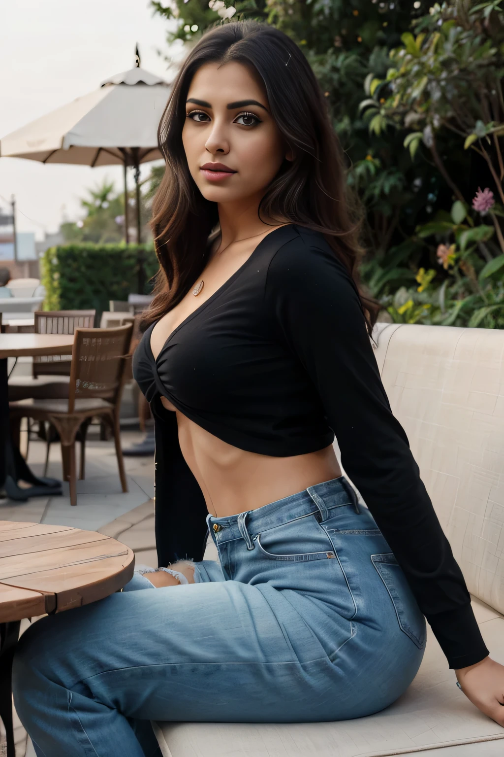 Portrait of A confident-looking indian woman named (((Geha Garayan))) with long flowing hair, hazel eyes, sitting chair in in outdoor restaurant, wearing black crop top and jeans, sun shining on her face, perfect composition, hyperrealistic, super detailed, 8k, high quality, trending art, trending on artstation, sharp focus, studio photo, intricate details, highly detailed, art by greg rutkowski