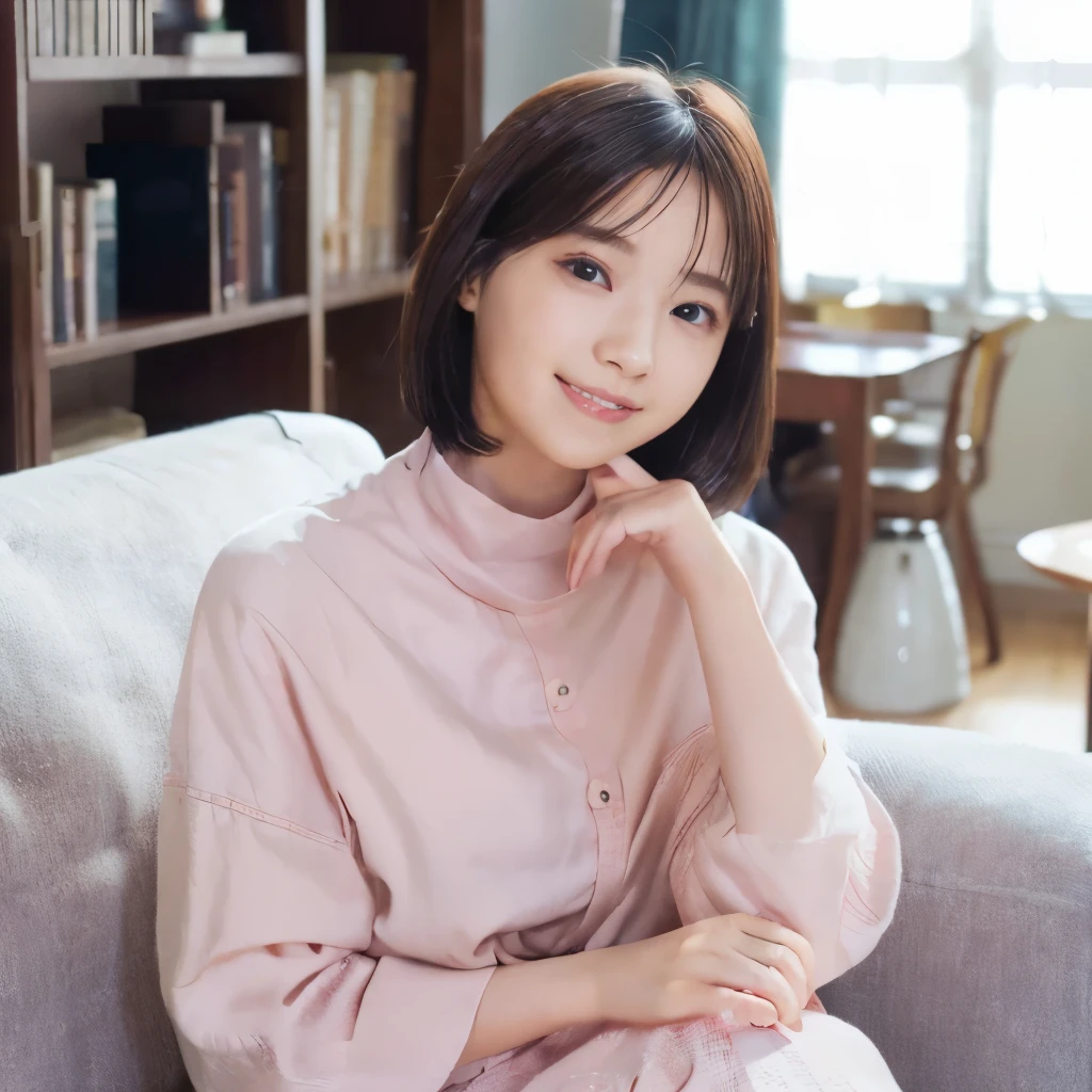 20代前半のlikeい女性を想像してください, Soft, A round face that exudes gentle charm. Her hair is cut into a neat bob that is swept just above her shoulders, Frame your face with subtle waves that catch the light. Women's eyes are alive with a sparkle of joy, her lips curled with satisfaction, gentle smile. she is wide々I'm sitting in my bedroom, The morning sun is shining through the large window next to her., Radiate a warm glow、like々Enhances beautiful skin.
She is wearing a crisp pink shirt dress, Buttoned properly in front, Hem ends at mid-thigh, Proposing relaxing yet stylish homeware. The fabric has a silky shine, Suggest software, Comfortable material perfect for relaxing indoors. her attitude is casual, While placing one hand gently on your waist, the other is lightly touching the edge of a dark wooden bed frame, Contrast with light-colored bedding that is rumpled from a night's rest.
after her, You can see the cityscape from the window, A group of skyscrapers rising against a clear blue sky. The contrast between the quiet indoors and the bustling city outdoors、A sense of personal haven amidst the hustle and bustle of city life。. In this scene、A moment of stillness、The simple elegance of a peaceful morning is condensed.。.