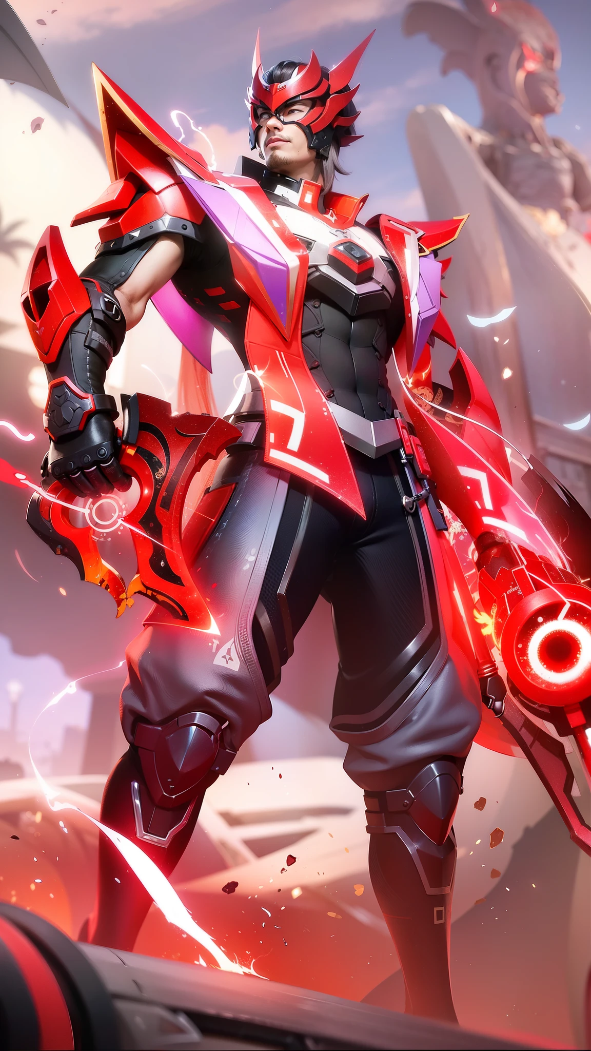 masculine male, masterpiece, ((perfect eyes)) best quality, (semirealism:1.9), beautiful lighting, (extremely detailed CG unity 4k fhd wallpaper), High Detail, Sharp focus, dramatic outdoors, a close up of a person with a sword and a red and black outfit, inspired by Huang Shen, heise jinyao, g liulian art style, keqing from genshin impact, red aura, red armor, official splash art, crimson red aura, rossdraws cartoon vibrant, style of duelyst, inspired by Shen Zhou, character splash art.
