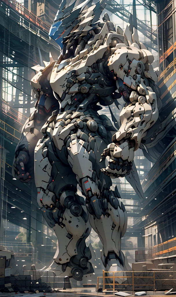Alafield robot holding sword and beam in water, Ethereal and mecha themes, Cool mecha style, white mecha, This character has freeze motion, Mecha suit, Silver Ice Reflective Armor, Mecha style greek god, Warframe Art, detailed warframe, Unreal engine 4k wallpaper, Mecha aesthetic black hair, white hair, devil horns, goggles, oral gauze, Surrealism, vertical painting, leave, Canon, glowing light, Stereo view, spark, stereofuturism, 8k, Ultra-detailed, ultra high definition, masterpiece, textured skin