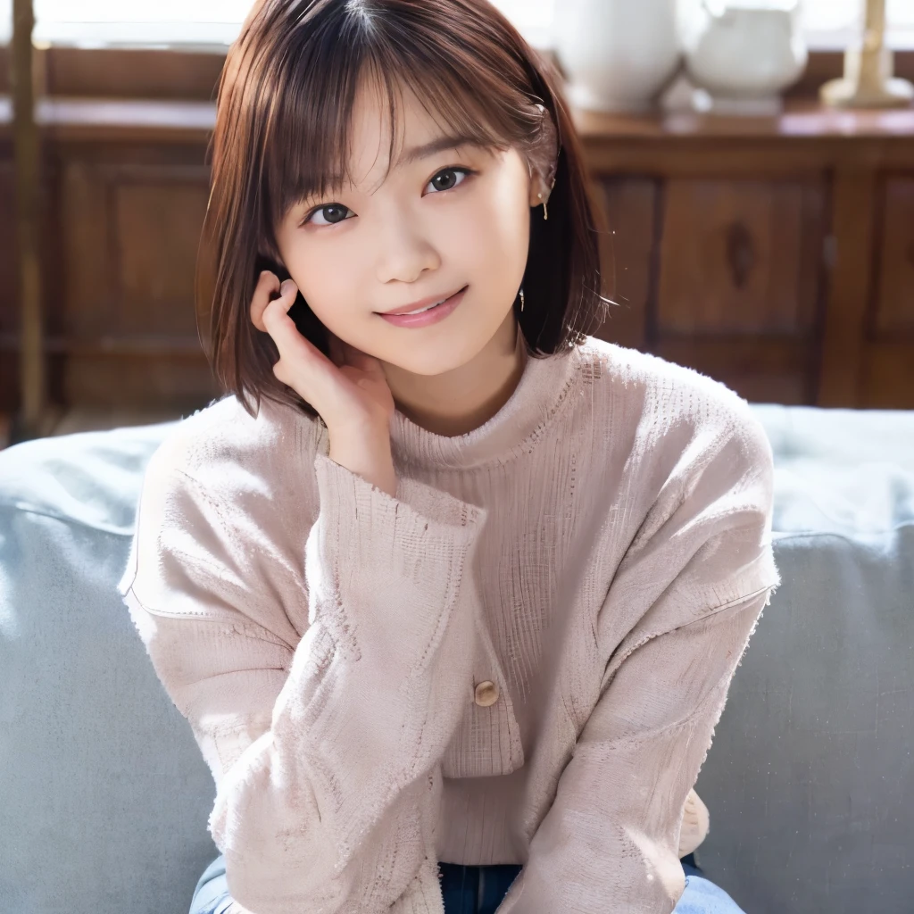 1 Very Cute Boy、shoun、12year old、short-hair、brawn hair、Brown background、The upper part of the body、facial close-up、eyes focus、flat chest、Cashmere sweater、A smile、、(8K、Raw photography、top-quality、masterpiece:1.2)、(realisitic、photoRealstic:1.3)、nffsw、Depth of field is deep、Wide light、highcontrast、(light glow:1.4)、chromatic abberation、foco nítido、RAW color photo、Film Still、lighting like a movie、8K resolution、