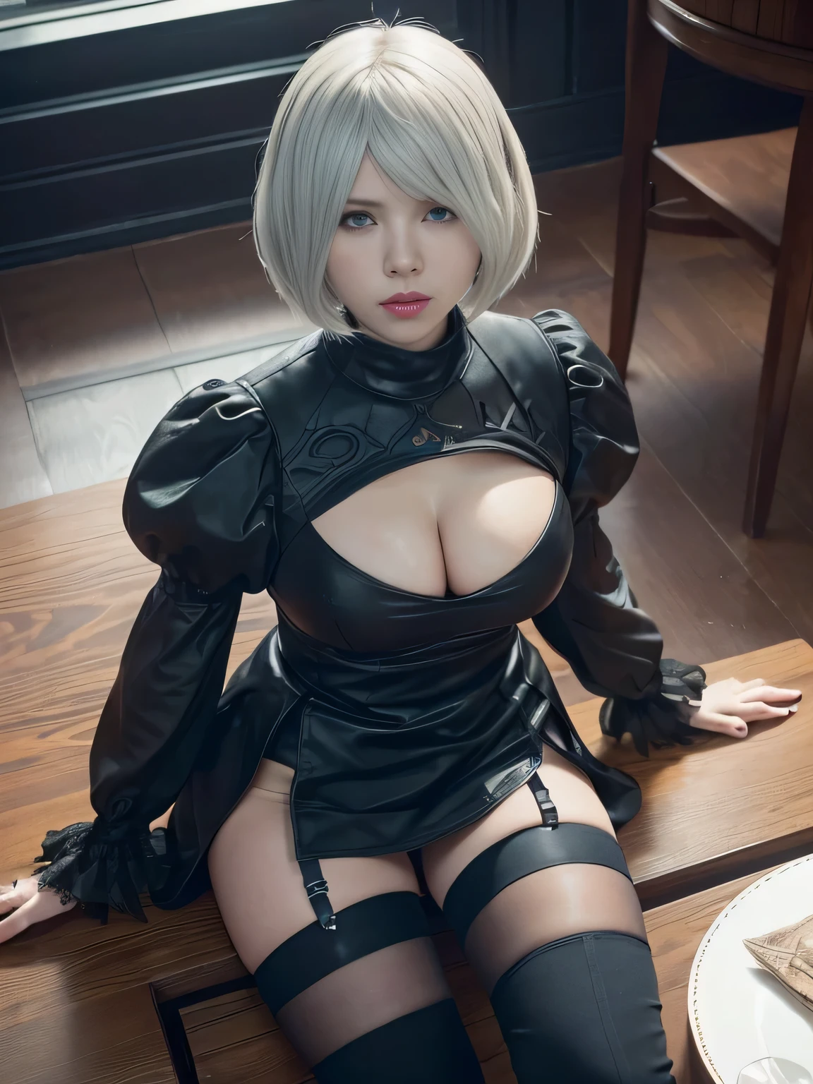 ((view straight from above)), birds eye perspective, (masterpiece), best quality, expressive eyes, perfect hands, buxom chested, slightly chubby, protruding ass, accentuate ass, (bend over comfortably spread her legs presenting her clean beautiful sexy body to viewer), seductive girl, MILF, 48-year-woman, ((imagine Scarlett Johansson as Yorha No. 2 Type B、n_2b、YORHA 2B、Nier Automata 2B Hairstyles)), cleavage, (Nier:Automata 2B Cosplay:1.3), include intricate details of Scarlett Johansson physique), (high quality detail of Scarlett Johansson face) , (chair, table, flower, indoor, window), ((clean beautiful body)), (smile), fitted