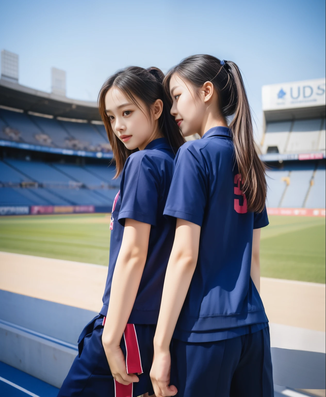 (best quality,10,10,height,Masterpiece:1.2),Special details,(realistic,ภาพrealistic,Realistic photos:1.37),1 cute girl on the football field,shiny, ผิวshiny,only,smile softly,BDclothelue shirt:1.3)),short sleeve,shirt, กางเกงขาlong.,(navy_long_track pants:1.1), ((stadium background:1.3)),Dynamic angle,excited,Face focus,dynamic poses,from behind,focus on ass,Masterpiece, best quality, ultra realistic, hyper-detail, 8K resolution, raw photos, Sharp focus, ((Navy blue shirt:1.1)), short sleeve, เส้นทางlong, perfect body, 2 mature women, 18 years old, Cinema-grade lighting system,blue sweatpants,shirtผ้าออกกำลังกาย,correct anatomy,perfect body, correct body, Sharp face, correct bodyทางกายวิภาค, full body, realistic gestures, long-haired, realistic poses,Wear long shorts................................,ช่วงขาlong,Good shape,carved girl, Slender figure, model, Good shape, beautiful body,blue sweatpants, two girls kissing