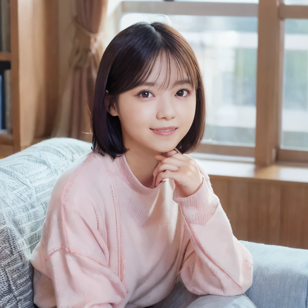 best image quality、highest quality、masterpiece、ultra high resolution、8k、immature、realistic:1.4、professional lighting、cute high school girl、baby face、very short hair、thin、Moderate size chest cup bust、smile、She is wearing a pink high neck knit、wearing denim pants、sitting on the white sofa in the living room、winter clothing