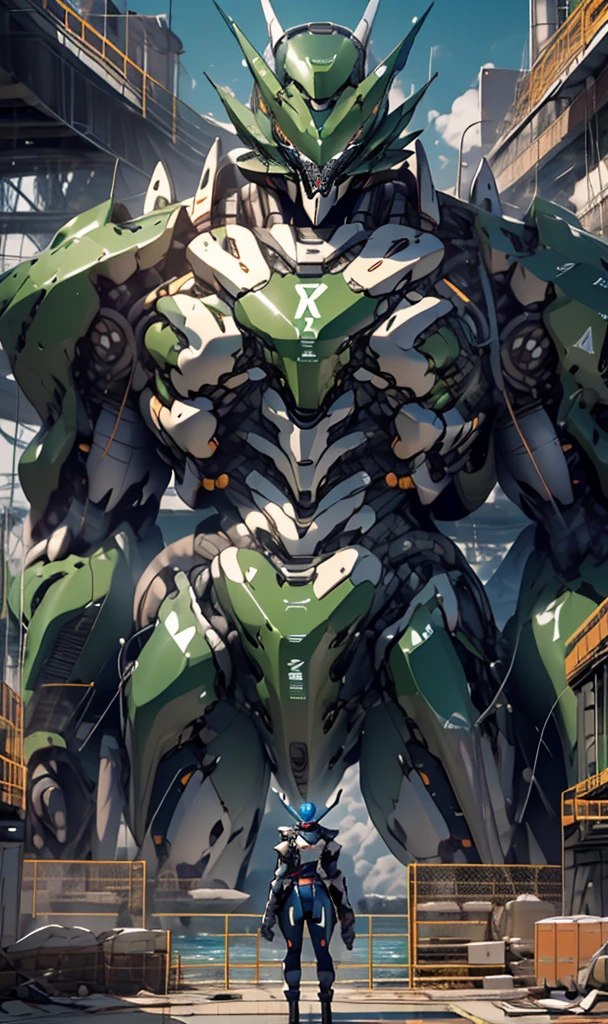 Mecha emerging from the sea ，Huge diving gear on the body. Cockpit on the chest. Super huge. Realistic high-detail digital art. Blue armor that can be used for camouflage. Coral reef on the body.、Lichen ，Already a little rusty                          