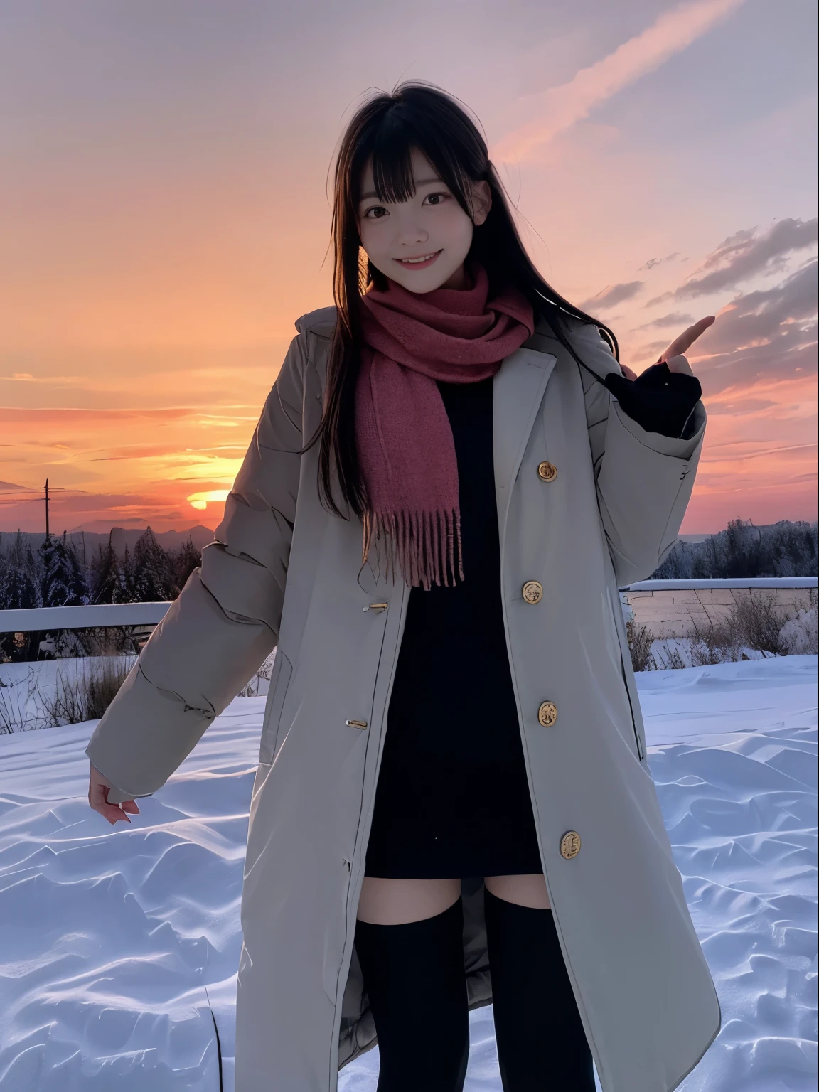 (Dressed in winter uniform with winter coat and scarf、Slender girl with long hair with blunt bangs :1.5)、smiling girl:1.5)、Scarf、light shines on your face、(Girl's hair fluttering in the wind:1.5)、(Beautiful snowy sunset red sky:1.5)、(full finger:1.3)、realistic、High resolution, delicate and beautiful、perfect face、detailed and beautiful eyes、Fair skin、real human skin、pores、((thin legs))、(black hair)、Stylish and beautiful legs、bright、High luminosity、black tights、slender beautiful legs,