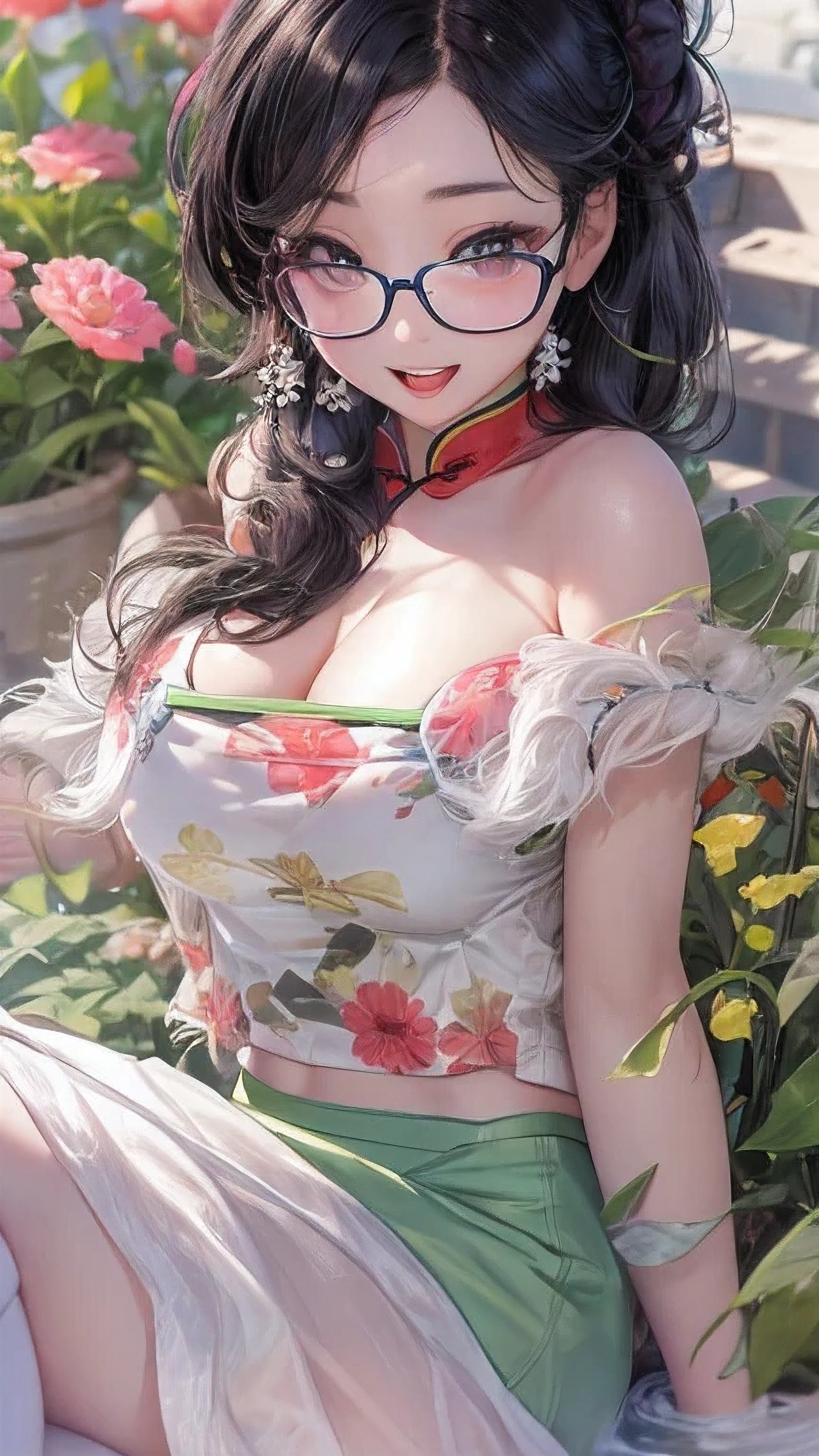 actual, 1 Chinese Fan Bingbing girl,Glasses， black hair, big eyes, Smile，open mouth，big breasts，glowing eyes, crop top, skirt, open lips,charming， night, flowers, sun, sunlight,