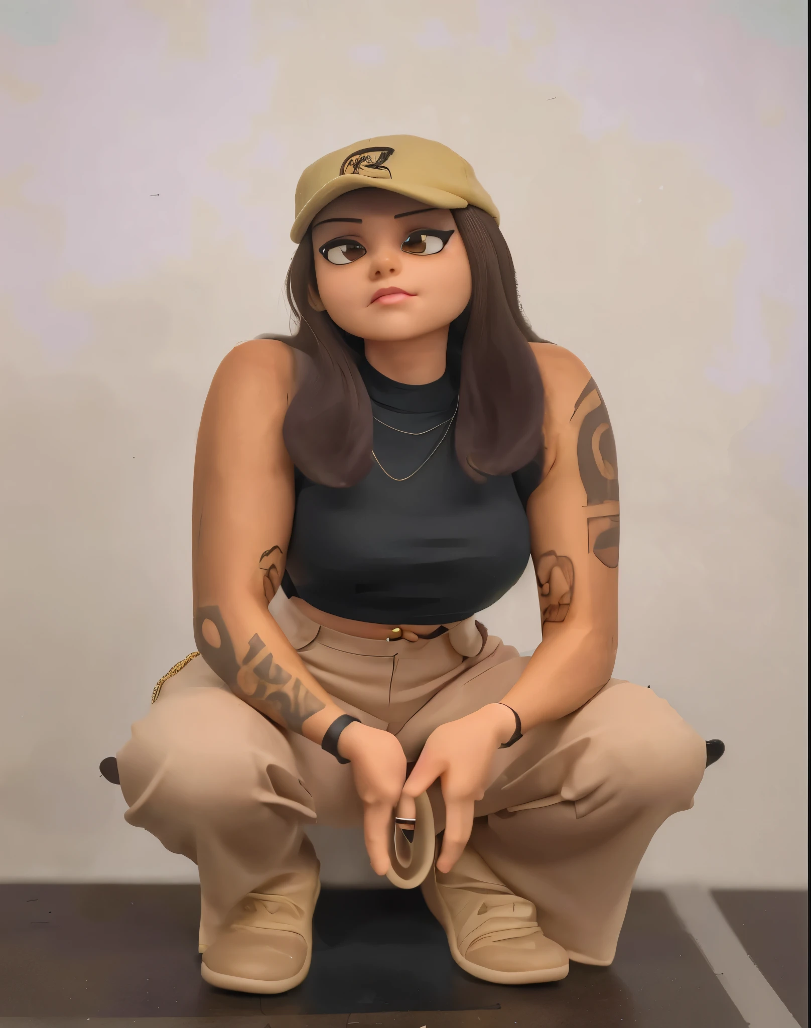 mulher, is crouched, with cell phone in hand, tatuada, wearing beige pants, beige cap, camiseta preta, White sneakers, with cord, tem piercing no septo do nariz, tem piercing na sobrancelha, light brown eyes anime style realistic animation