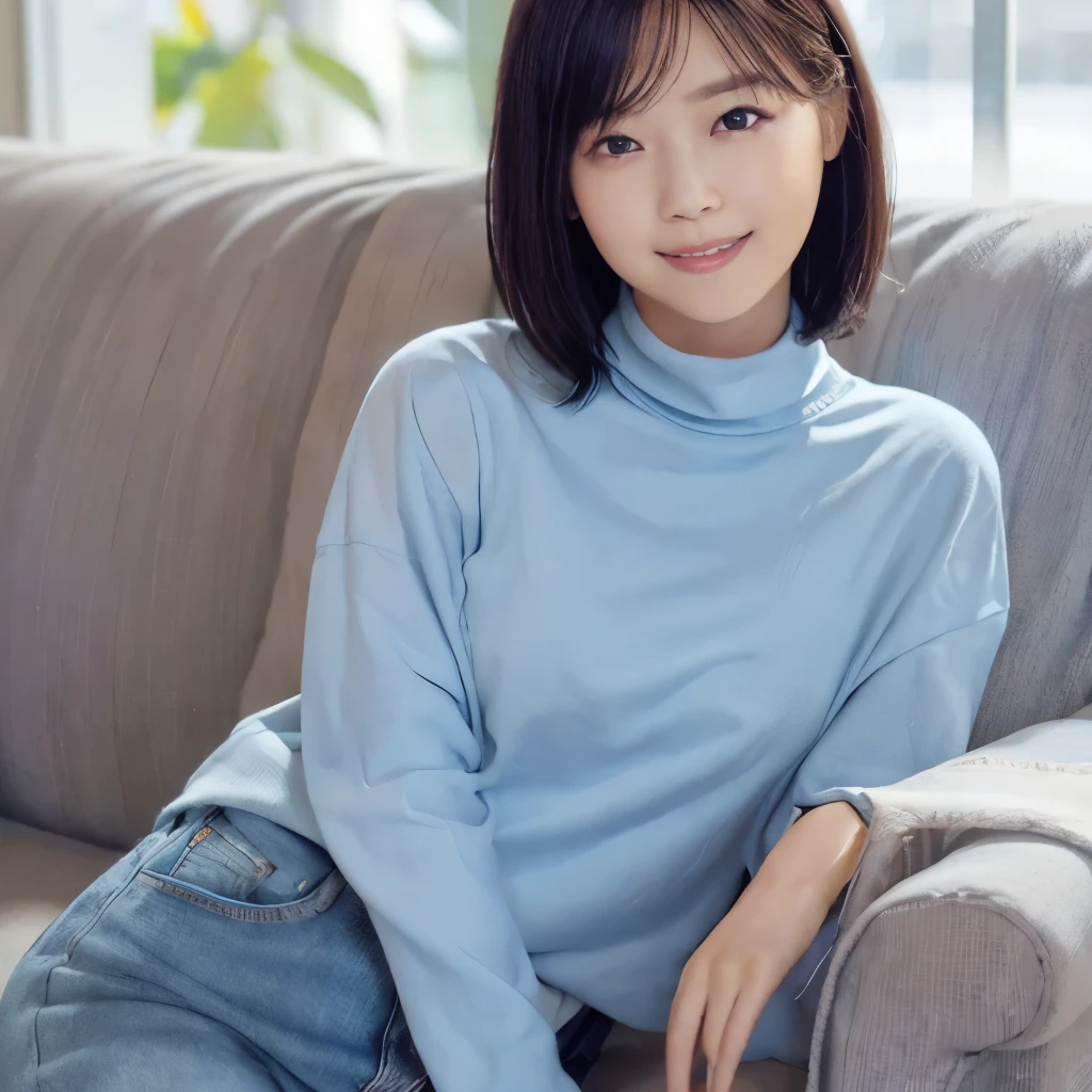 best image quality、highest quality、masterpiece、ultra high resolution、8k、immature、realistic:1.4、professional lighting、cute high school girl、baby face、very short hair、thin、Moderate size chest cup bust、smile、Wearing a light blue high neck knit、wearing denim pants、sitting on the white sofa in the living room、winter clothing