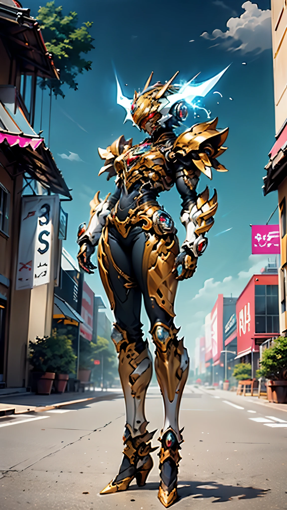 A woman adorned in fantasy-style full-body armor, a crown-concept fully enclosed helmet that unveils only her eyes, a composite layered chest plate, fully encompassing shoulder and hand guards, a lightweight waist armor, form-fitting shin guards, the overall design is heavy-duty yet flexible, ((the armor gleams with a golden glow, complemented by red and blue accents)), exhibiting a noble aura, she floats above a fantasy-surreal high-tech city, this character embodies a finely crafted fantasy-surreal style armored hero in anime style, exquisite and mature manga art style, (Queen bee mixed with Spider concept Armor, plasma, blood), ((Element, energy, elegant, goddess, femminine:1.5)), metallic, high definition, best quality, highres, ultra-detailed, ultra-fine painting, extremely delicate, professional, anatomically correct, symmetrical face, extremely detailed eyes and face, high quality eyes, creativity, RAW photo, UHD, 32k, Natural light, cinematic lighting, masterpiece-anatomy-perfect, masterpiece:1.5
