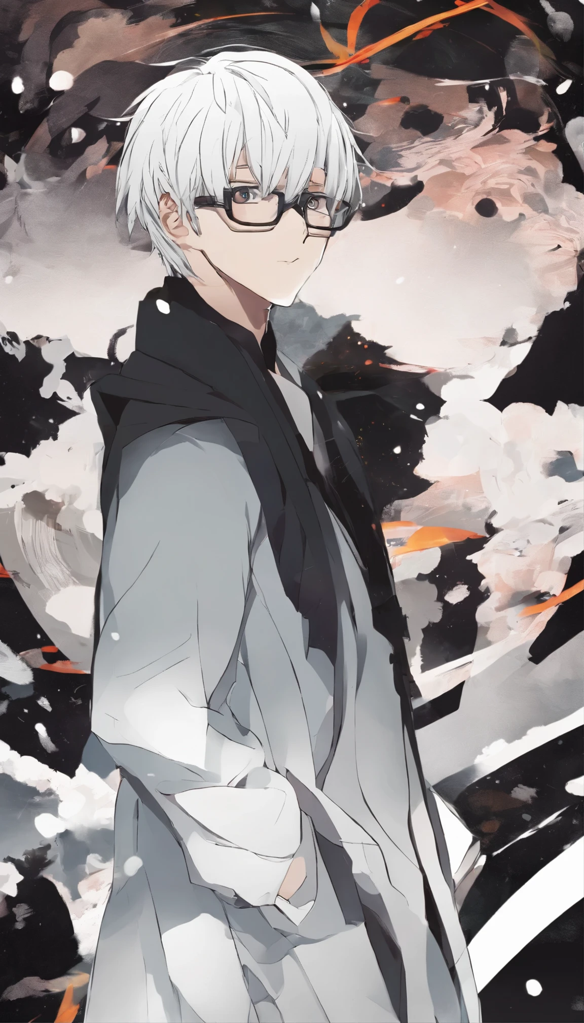 2D, anime, gentle, boy, white hair, looking at me, standing straight, Japanese, round glasses