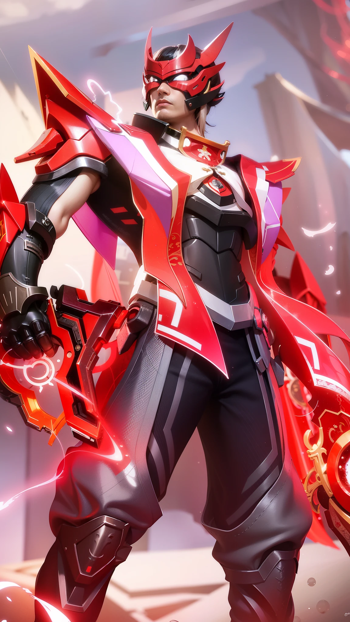 a close up of a person with a sword and a red and white outfit, heise jinyao, red aura, inspired by Huang Shen, red armor, crimson red aura, g liulian art style, keqing from genshin impact, official splash art, sharp silver armor fuchsia skin, ryuko matoi, onmyoji detailed art.