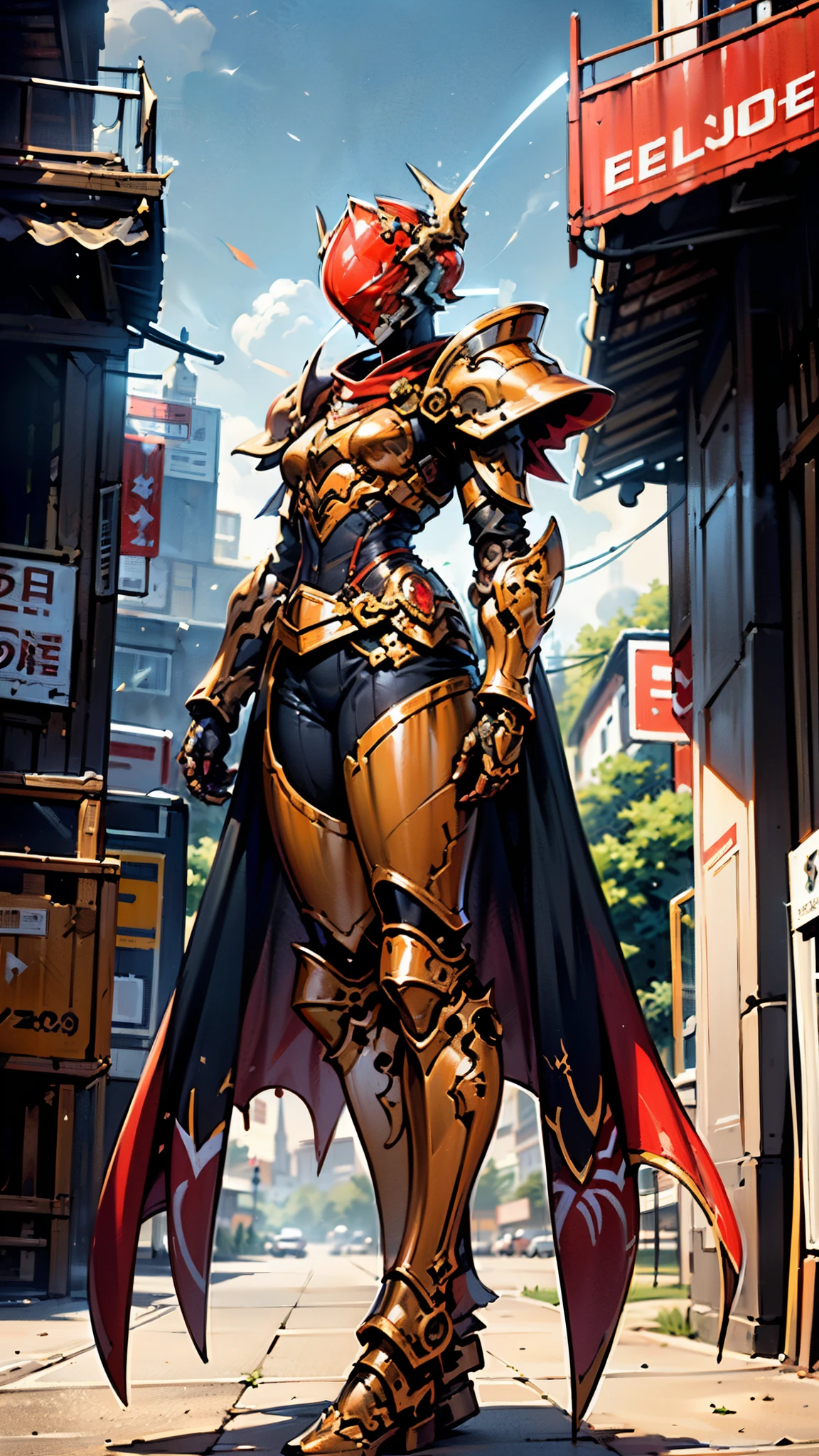 A woman adorned in fantasy-style full-body armor, a crown-concept fully enclosed helmet that unveils only her eyes, a composite layered chest plate, fully encompassing shoulder and hand guards, a lightweight waist armor, form-fitting shin guards, the overall design is heavy-duty yet flexible, ((the armor gleams with a golden glow, complemented by red and blue accents)), exhibiting a noble aura, she floats above a fantasy-surreal high-tech city, this character embodies a finely crafted fantasy-surreal style armored hero in anime style, exquisite and mature manga art style, (Queen bee mixed with Spider concept Armor, plasma, blood), ((Element, energy, elegant, goddess, femminine:1.5)), metallic, high definition, best quality, highres, ultra-detailed, ultra-fine painting, extremely delicate, professional, anatomically correct, symmetrical face, extremely detailed eyes and face, high quality eyes, creativity, RAW photo, UHD, 32k, Natural light, cinematic lighting, masterpiece-anatomy-perfect, masterpiece:1.5