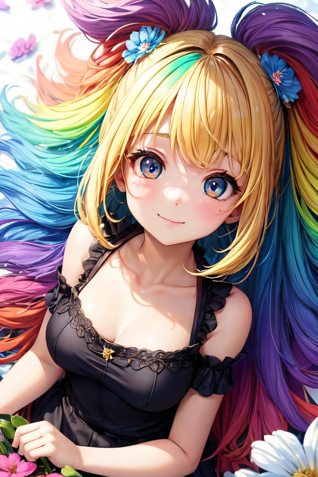 ((best quality)), ((masterpiece)), (detailed), perfect face a cute con girl Big eyes buried in colourful flowers rainbow colour hair rainbow colour skin