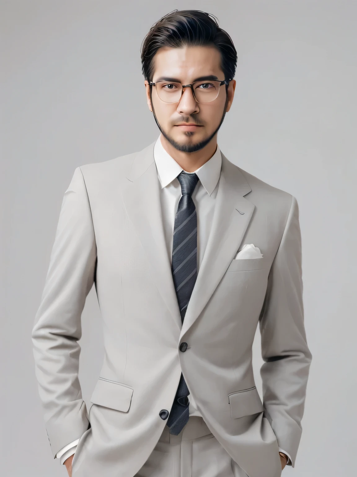 a man in a suit and tie posing for a picture, wearing glasses,beard, a character portrait by Manabu Mabe, cg society contest winner, mannerism, handsome, behance hd, masculine