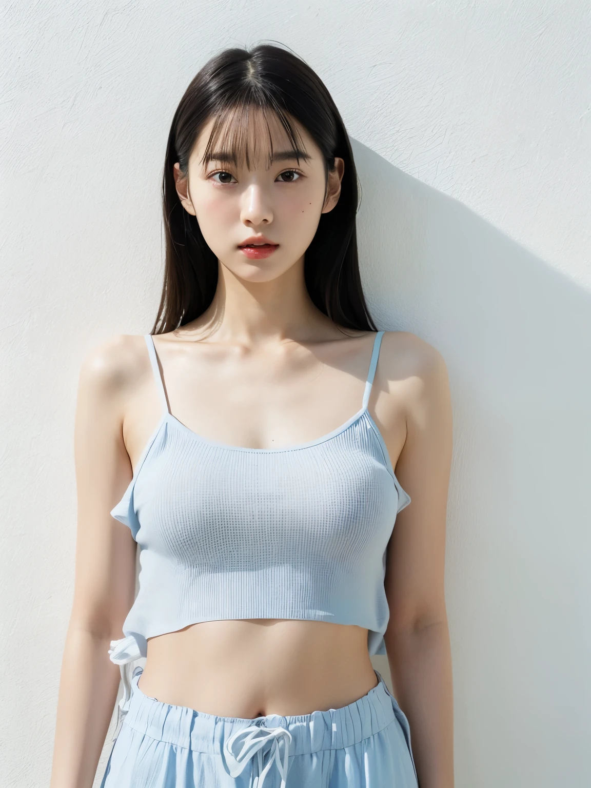 see-through tops、camisole、(背景にwhite wall、Part of her hair is sky blue:1.4)、white wall、Taken in front of the white door、(窓のあるwhite wallの部屋)、((highest quality、8k、masterpiece:1.3))、ultra high resolution、(photogenuineistic:1.4)、RAW photo、Japanese,(face)、genuine、Photographed in natural light、Highly detailed face and skin texture、highly detailed lips、correct state of the human body、medium hair、black hair、various poses、natural color lip