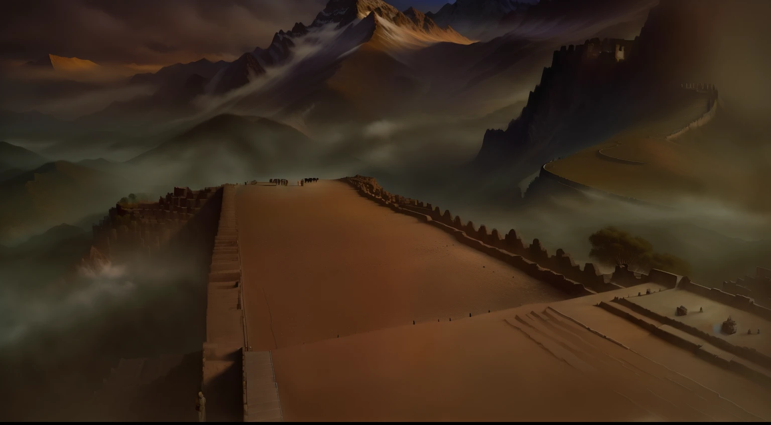 Standing on the ancient city wall,Surrounded by mountains,very grand,Sad,