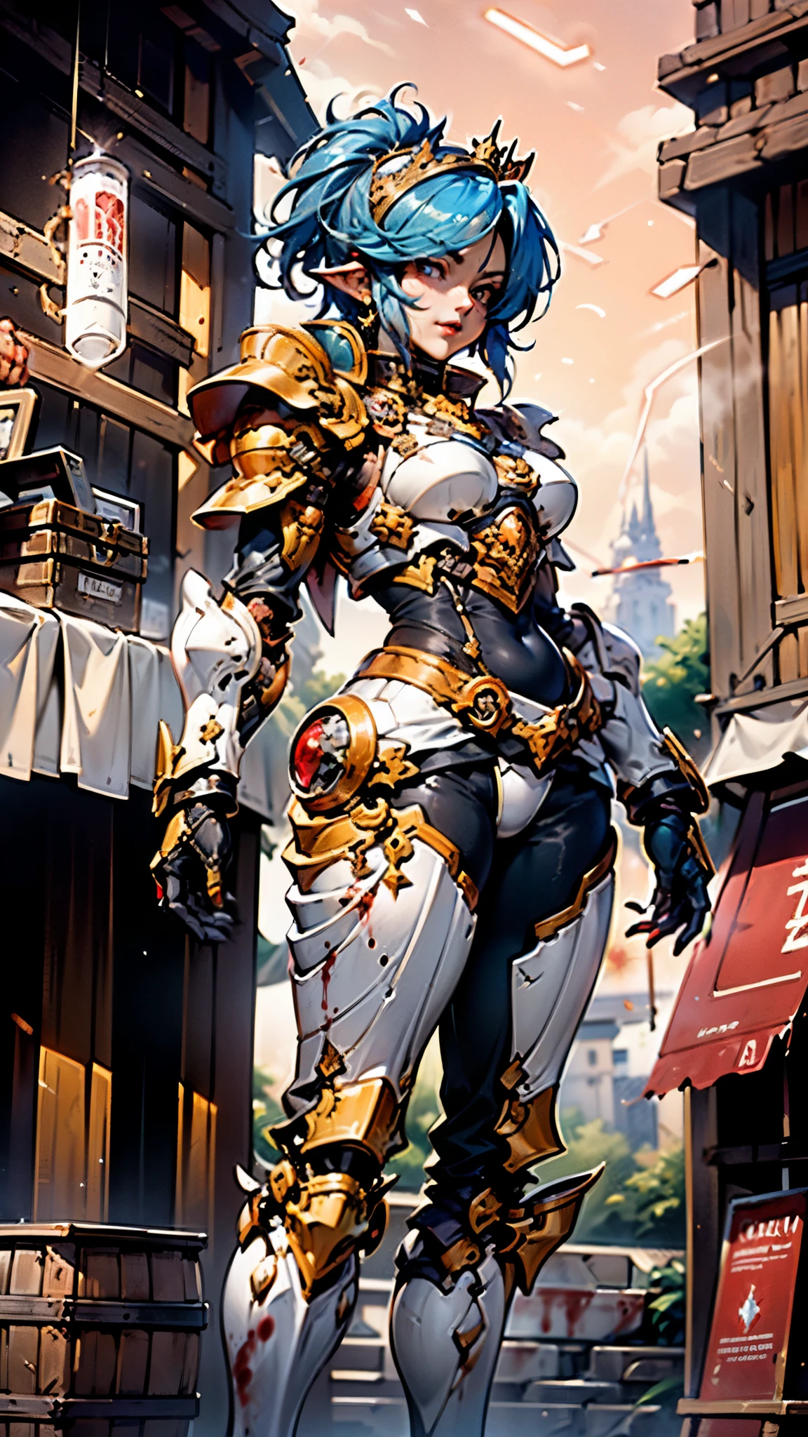 A woman adorned in fantasy-style full-body armor, a crown-concept fully enclosed helmet that unveils only her eyes, a composite layered chest plate, fully encompassing shoulder and hand guards, a lightweight waist armor, form-fitting shin guards, the overall design is heavy-duty yet flexible, ((the armor gleams with a golden glow, complemented by red and blue accents)), exhibiting a noble aura, she floats above a fantasy-surreal high-tech city, this character embodies a finely crafted fantasy-surreal style armored hero in anime style, exquisite and mature manga art style, (Queen bee mixed with Spider concept Armor, plasma, blood), ((Element, energy, elegant, goddess, femminine:1.5)), metallic, high definition, best quality, highres, ultra-detailed, ultra-fine painting, extremely delicate, professional, anatomically correct, symmetrical face, extremely detailed eyes and face, high quality eyes, creativity, RAW photo, UHD, 32k, Natural light, cinematic lighting, masterpiece-anatomy-perfect, masterpiece:1.5