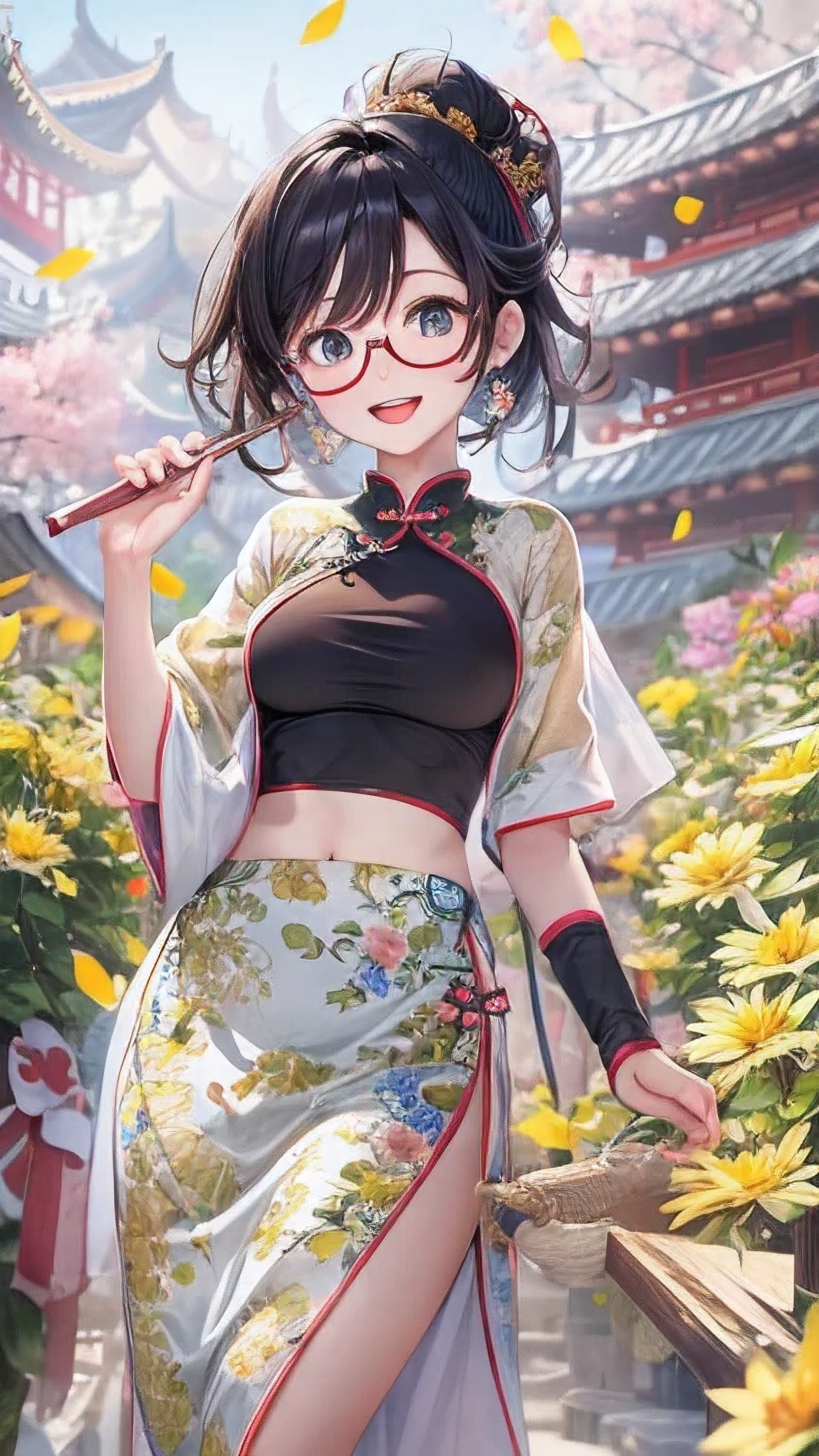 actual, 1 Chinese Fan Bingbing girl,Glasses， black hair, big eyes, Smile，open mouth，big breasts，glowing eyes, crop top, skirt, open lips,charming， night, flowers, sun, sunlight,