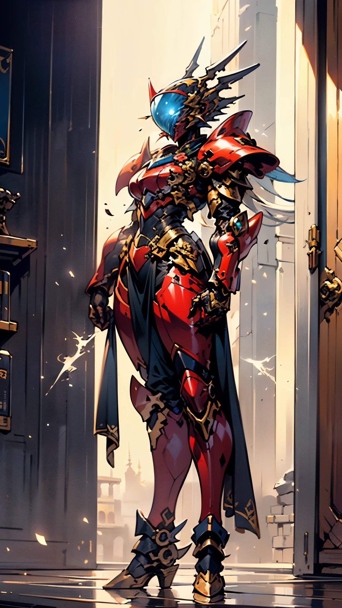 A woman adorned in fantasy-style full-body armor, a crown-concept fully enclosed helmet that unveils only her eyes, a composite layered chest plate, fully encompassing shoulder and hand guards, a lightweight waist armor, form-fitting shin guards, the overall design is heavy-duty yet flexible, ((the armor gleams with a golden glow, complemented by red and blue accents)), exhibiting a noble aura, she floats above a fantasy-surreal high-tech city, this character embodies a finely crafted fantasy-surreal style armored hero in anime style, exquisite and mature manga art style, (Queen bee mixed with Spider concept Armor, plasma, blood), ((Element, energy, elegant, goddess, femminine:1.5)), metallic, high definition, best quality, highres, ultra-detailed, ultra-fine painting, extremely delicate, professional, anatomically correct, symmetrical face, extremely detailed eyes and face, high quality eyes, creativity, RAW photo, UHD, 32k, Natural light, cinematic lighting, masterpiece-anatomy-perfect, masterpiece:1.5