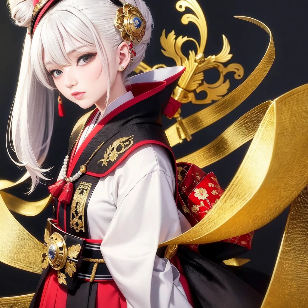 Japanese Karakuri doll, exquisitely crafted masterpiece, intricately designed with movable joints, painted with the finest detail (best quality: 1.0), dressed in traditional Japanese clothing, white kimono and hakama, black obi belt, kinchaku money pouch hanging from the waist (1.3), long white hair tied up in a neat bun with a red silk ribbon, beady black eyes that seem to follow your every move (1.2), fair complexion bringing out the vibrant colors of the doll, vintage golden accents gleaming on the armor-like joints, upper body revealing the intricate mechanism hidden beneath the layers of fabric (ultra