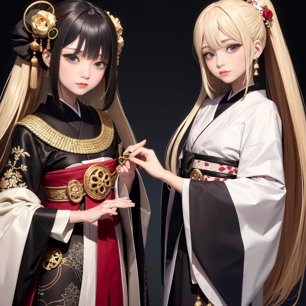 Japanese Karakuri doll, exquisitely crafted masterpiece, intricately designed with movable joints, painted with the finest detail (best quality: 1.0), dressed in traditional Japanese clothing, white kimono and hakama, black obi belt, kinchaku money pouch hanging from the waist (1.3), long white hair tied up in a neat bun with a red silk ribbon, beady black eyes that seem to follow your every move (1.2), fair complexion bringing out the vibrant colors of the doll, vintage golden accents gleaming on the armor-like joints, upper body revealing the intricate mechanism hidden beneath the layers of fabric (ultra