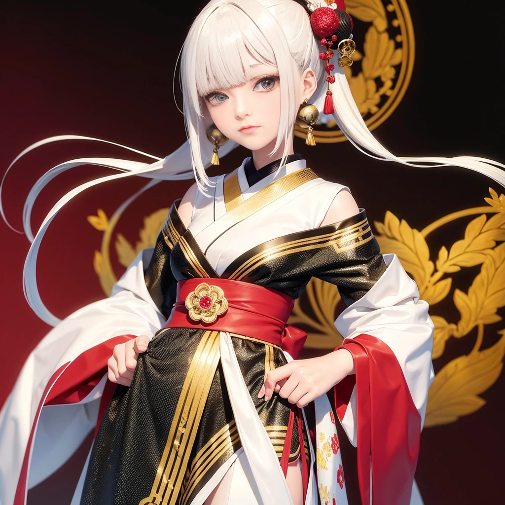 Japanese Karakuri doll, exquisitely crafted masterpiece, intricately designed with movable joints, painted with the finest detail (best quality: 1.0), dressed in traditional Japanese clothing, white kimono and hakama, black obi belt, kinchaku money pouch hanging from the waist (1.3), long white hair tied up in a neat bun with a red silk ribbon, beady black eyes that seem to follow your every move (1.2), fair complexion bringing out the vibrant colors of the doll, vintage golden accents gleaming on the armor-like joints, upper body revealing the intricate mechanism hidden beneath the layers of fabric (ultra