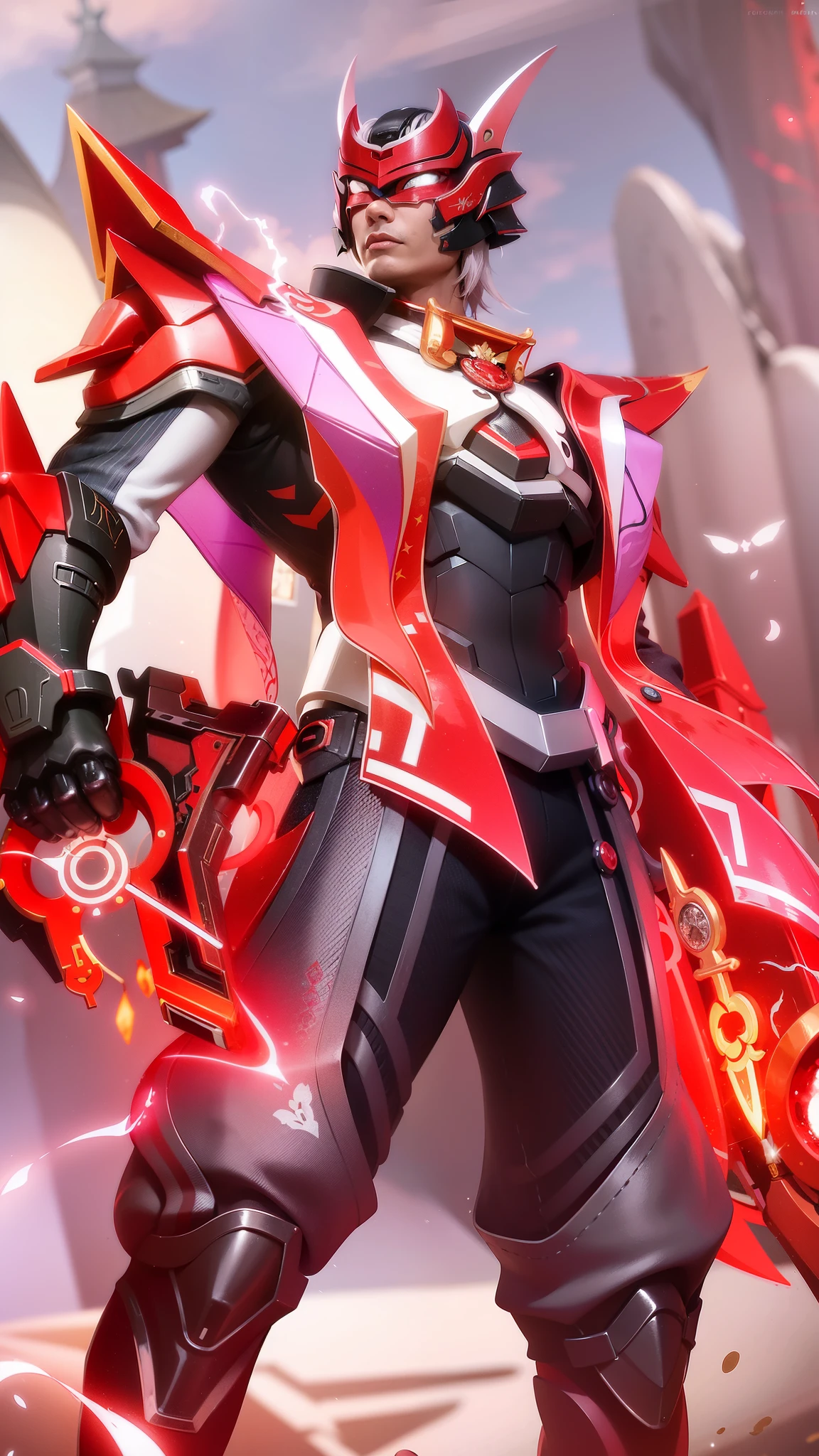 a close up of a person with a sword and a red and white outfit, heise jinyao, red aura, inspired by Huang Shen, red armor, crimson red aura, g liulian art style, keqing from genshin impact, official splash art, sharp silver armor fuchsia skin, ryuko matoi, onmyoji detailed art.