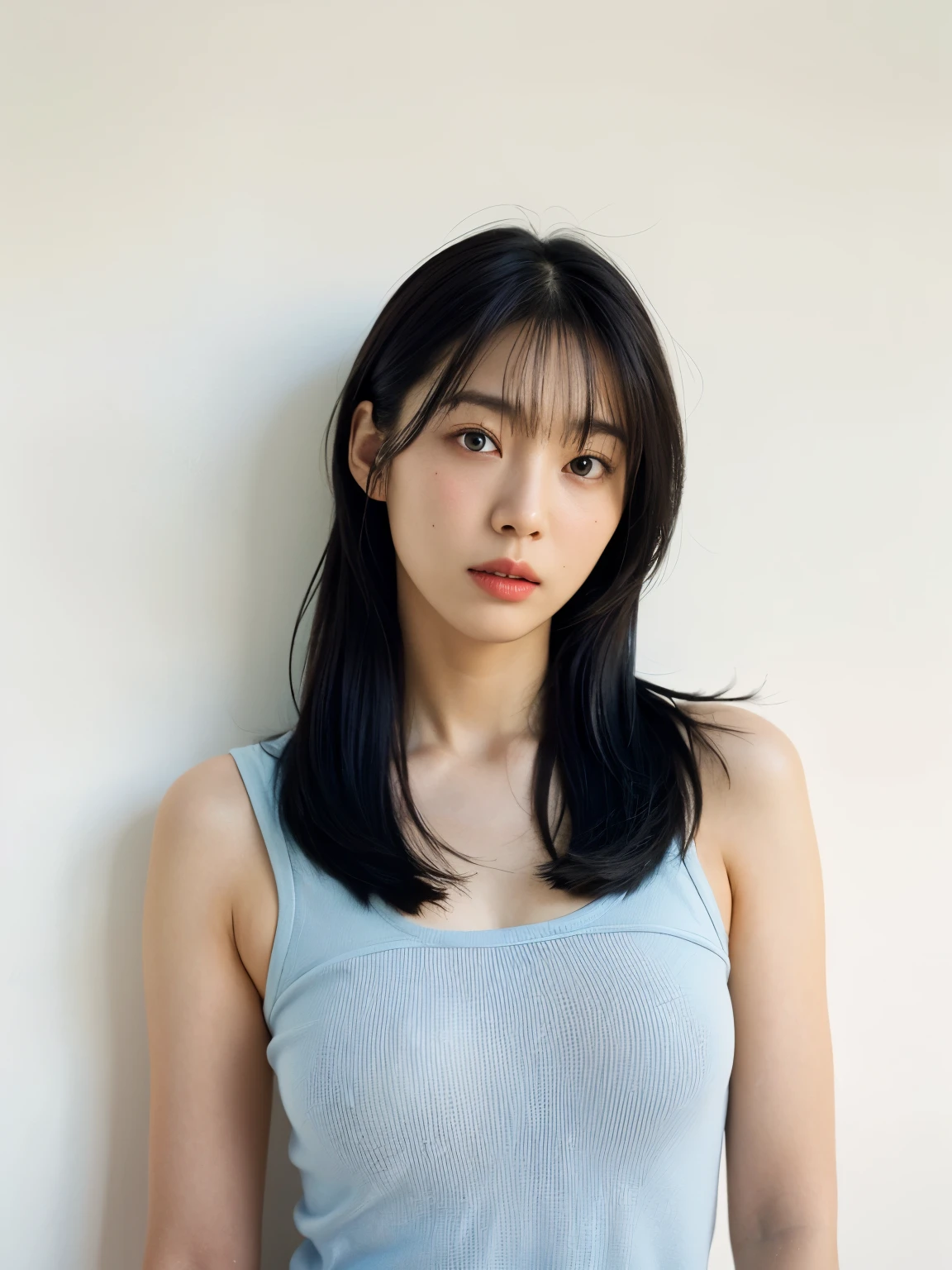 see-through tops、big breasts、camisole、(背景にwhite wall、Part of her hair is sky blue:1.4)、white wall、Taken in front of the white door、(窓のあるwhite wallの部屋)、((highest quality、8k、masterpiece:1.3))、ultra high resolution、(photogenuineistic:1.4)、RAW photo、Japanese,(face)、genuine、Photographed in natural light、Highly detailed face and skin texture、highly detailed lips、correct state of the human body、medium hair、black hair、various poses、natural color lip