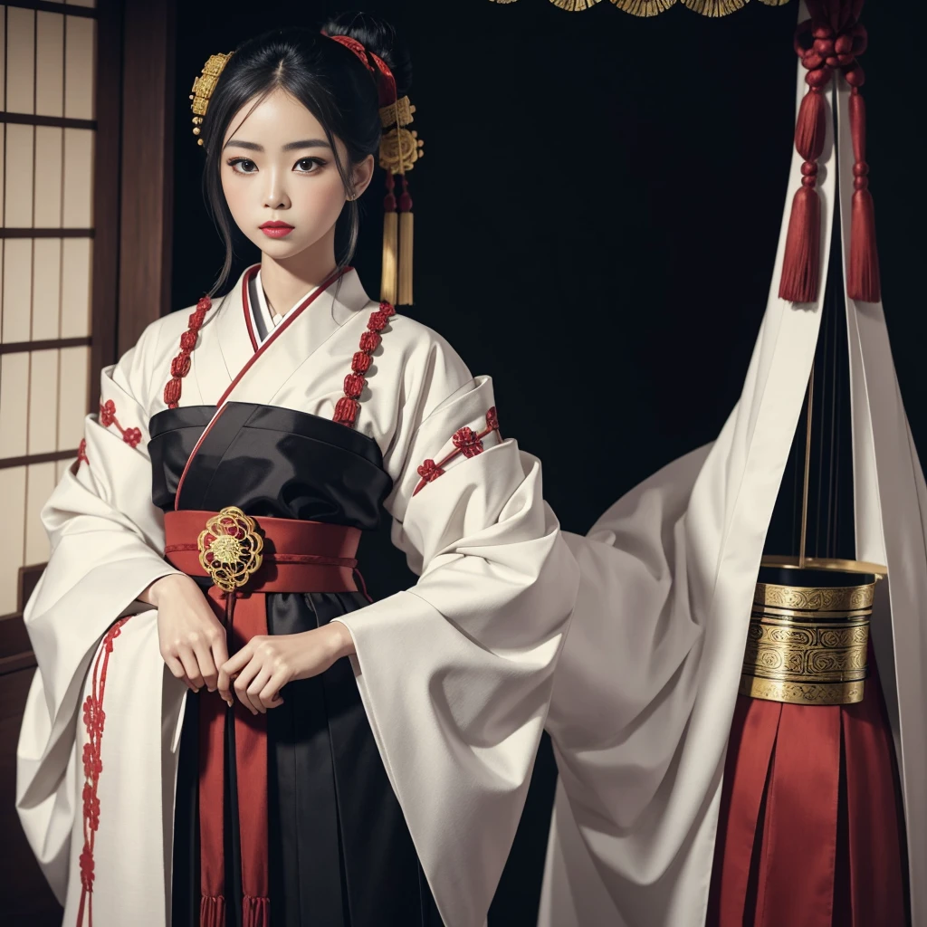 Japanese Karakuri doll, exquisitely crafted masterpiece, intricately designed with movable joints, painted with the finest detail (best quality: 1.0), dressed in traditional Japanese clothing, white kimono and hakama, black obi belt, kinchaku money pouch hanging from the waist (1.3), long white hair tied up in a neat bun with a red silk ribbon, beady black eyes that seem to follow your every move (1.2), fair complexion bringing out the vibrant colors of the doll, vintage golden accents gleaming on the armor-like joints, upper body revealing the intricate mechanism hidden beneath the layers of fabric (ultra