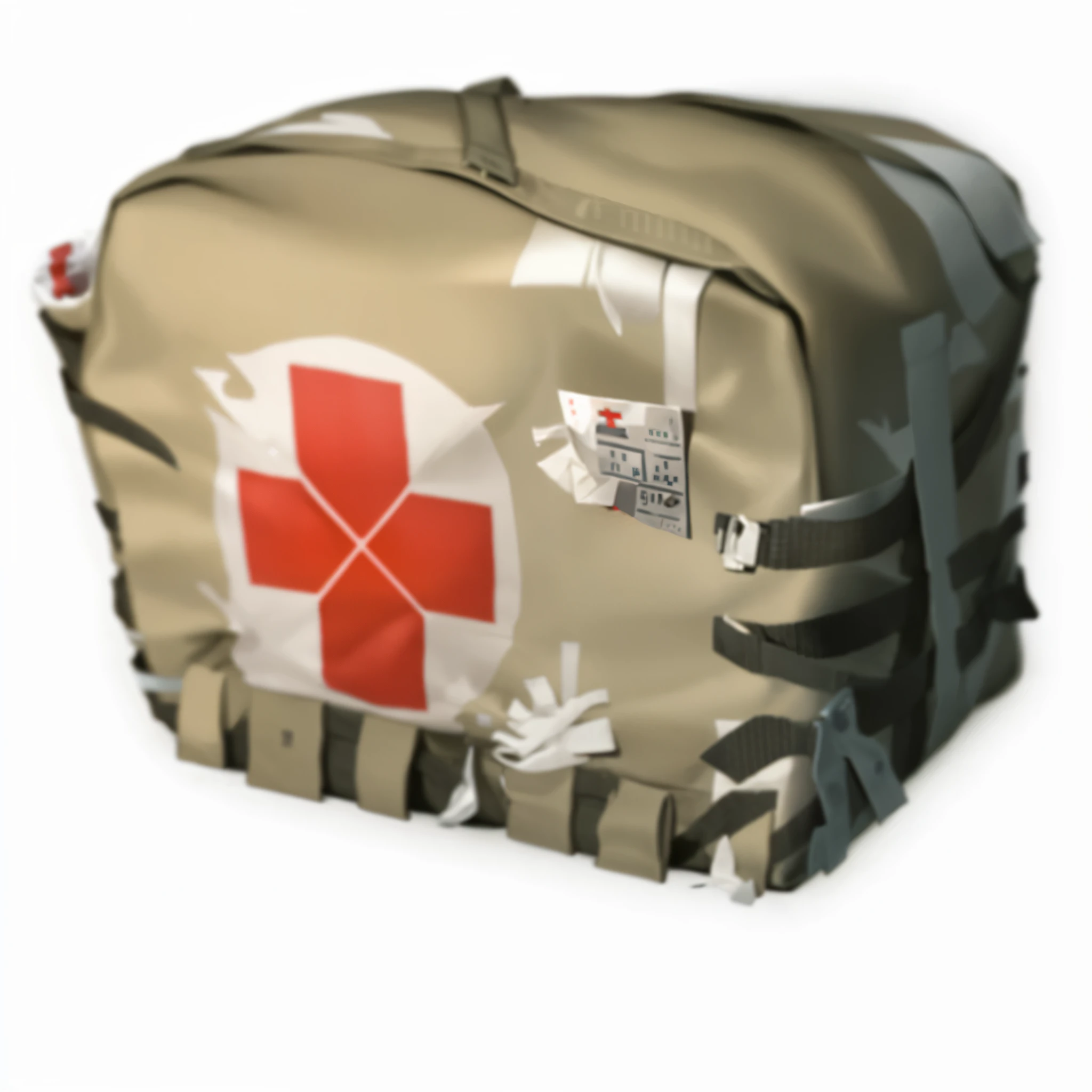 A close-up of a bag，There is a red cross on it, military doctor, first aid kit, military doctoral supplies, Injuried, bandage, Regular build, WW 2, World war ii, random, bandages, Nurse, covered in bandages, surgeon, health supporter, Health bar heads up display, World war ii era, emergency, scary, In Dayz, military doctoral, health care, damaged