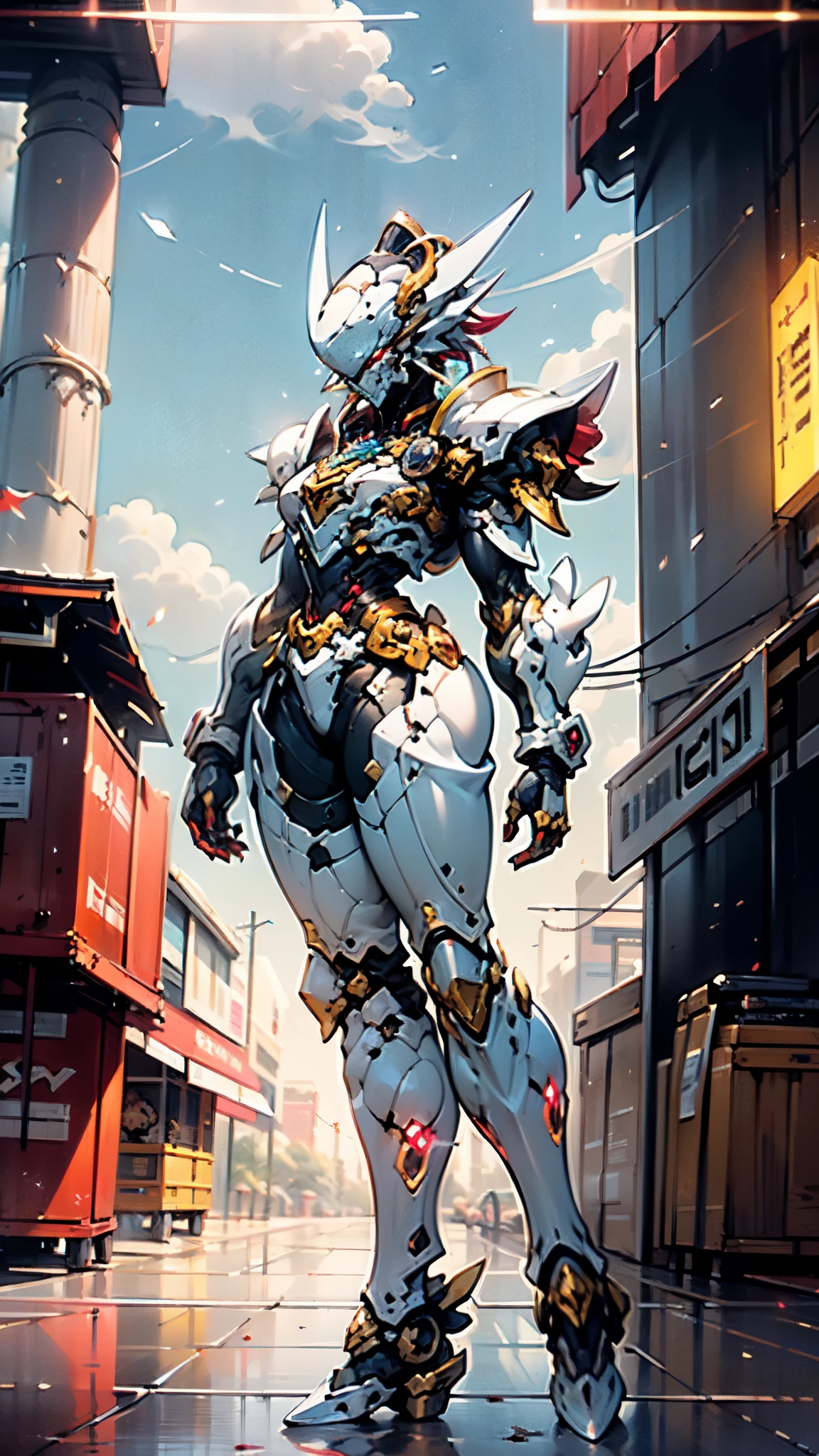 A woman adorned in fantasy-style full-body armor, a crown-concept fully enclosed helmet that unveils only her eyes, a composite layered chest plate, fully encompassing shoulder and hand guards, a lightweight waist armor, form-fitting shin guards, the overall design is heavy-duty yet flexible, ((the armor gleams with a golden glow, complemented by red and blue accents)), exhibiting a noble aura, she floats above a fantasy-surreal high-tech city, this character embodies a finely crafted fantasy-surreal style armored hero in anime style, exquisite and mature manga art style, (Queen bee mixed with Spider concept Armor, plasma, blood), ((Element, energy, elegant, goddess, femminine:1.5)), metallic, high definition, best quality, highres, ultra-detailed, ultra-fine painting, extremely delicate, professional, anatomically correct, symmetrical face, extremely detailed eyes and face, high quality eyes, creativity, RAW photo, UHD, 32k, Natural light, cinematic lighting, masterpiece-anatomy-perfect, masterpiece:1.5