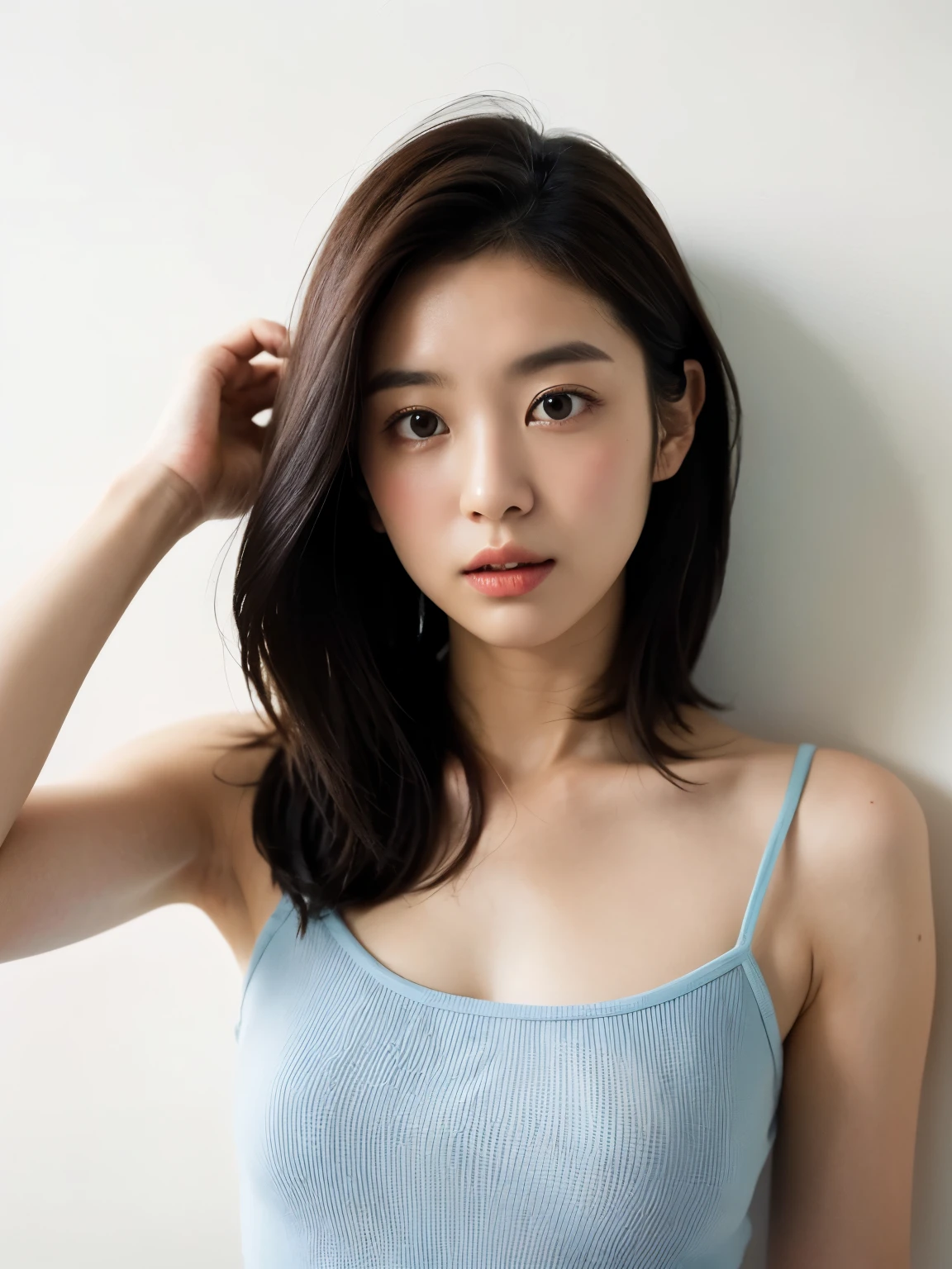 see-through tops,camisole、(背景にwhite wall、Part of her hair is sky blue:1.4)、white wall、Taken in front of the white door、(窓のあるwhite wallの部屋)、((highest quality、8k、masterpiece:1.3))、ultra high resolution、(photogenuineistic:1.4)、RAW photo、Japanese,(face)、genuine、Photographed in natural light、Highly detailed face and skin texture、highly detailed lips、correct state of the human body、medium hair、black hair、various poses、natural color lip