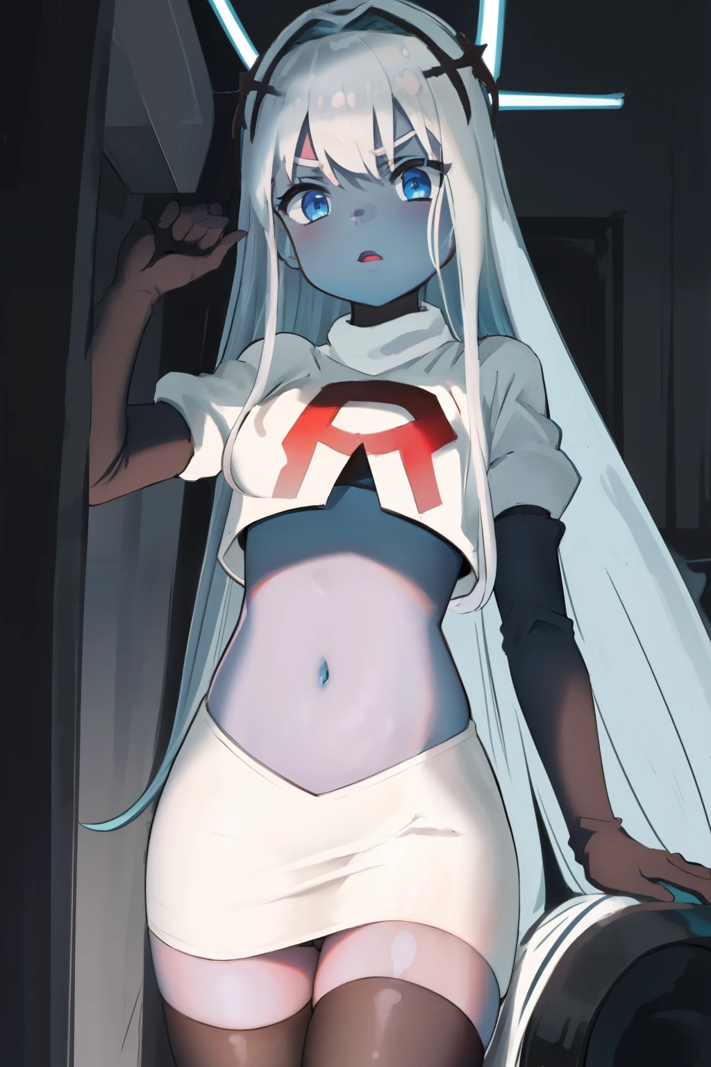 001,masterpiece,((blue skin)), team rocket,team rocket uniform,white skirt,red letter R,crop top,black thigh-highs,black elbow gloves