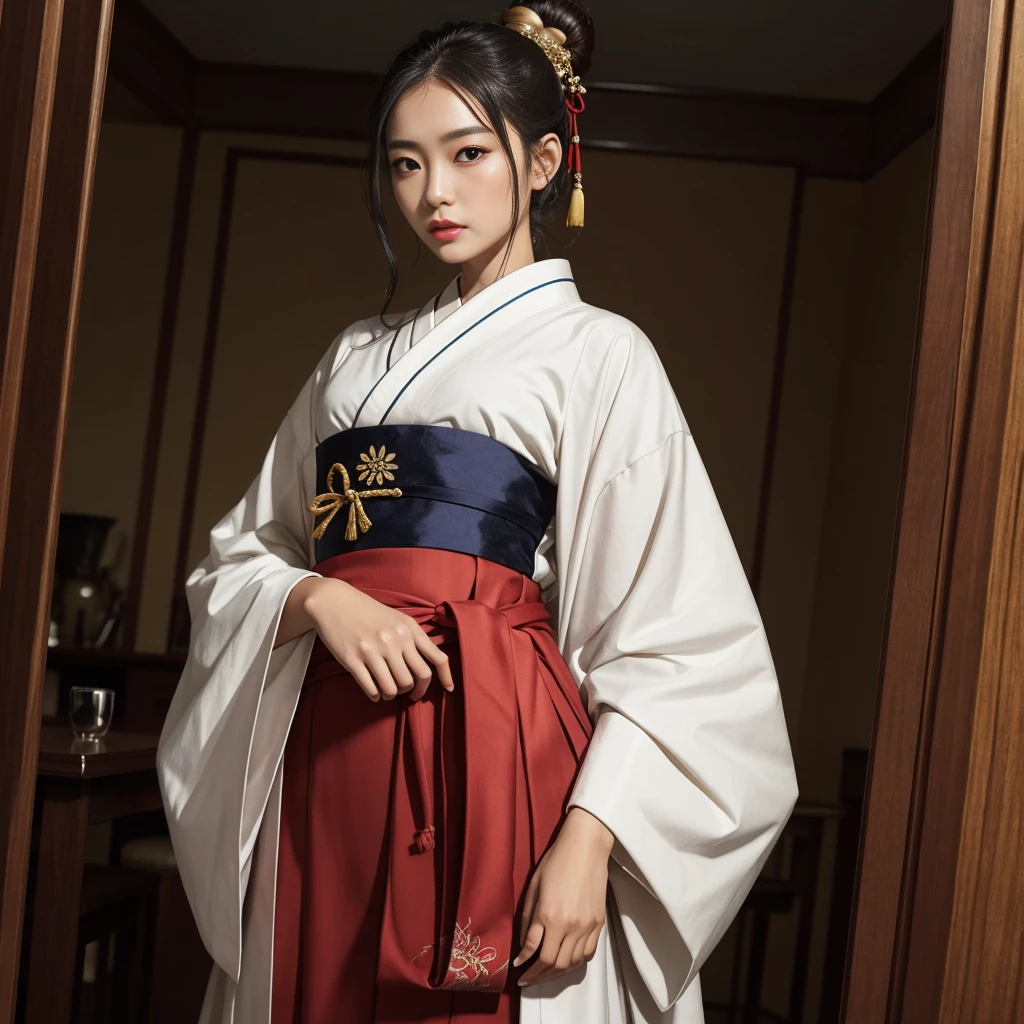 Japanese Karakuri doll, exquisitely crafted masterpiece, intricately designed with movable joints, painted with the finest detail (best quality: 1.0), dressed in traditional Japanese clothing, white kimono and hakama, black obi belt, kinchaku money pouch hanging from the waist (1.3), long white hair tied up in a neat bun with a red silk ribbon, beady black eyes that seem to follow your every move (1.2), fair complexion bringing out the vibrant colors of the doll, vintage golden accents gleaming on the armor-like joints, upper body revealing the intricate mechanism hidden beneath the layers of fabric (ultra